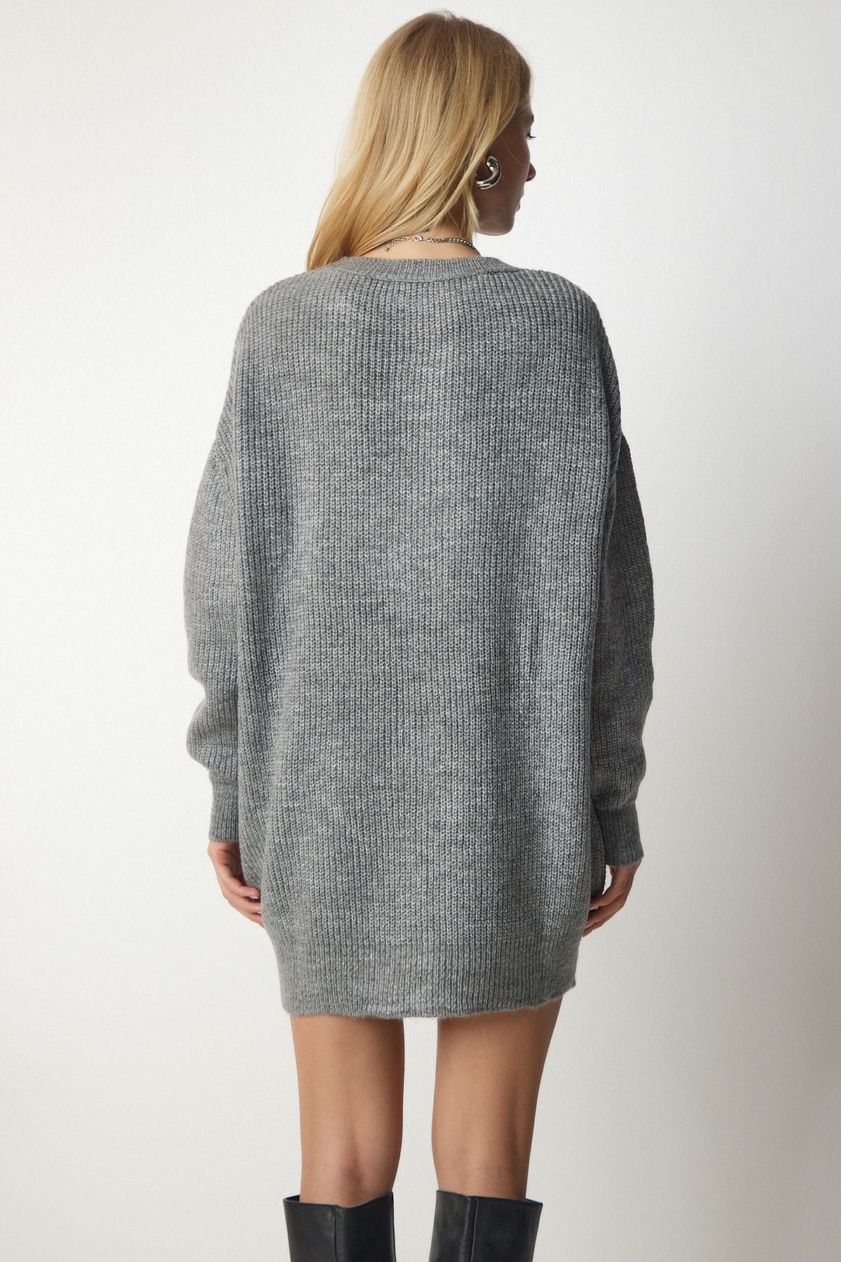 Kadın Gri Oversize Uzun Basic Triko Kazak BV00099