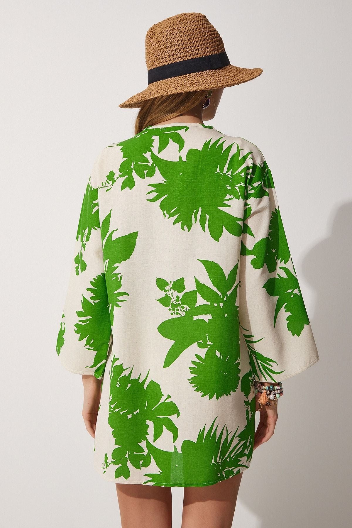 Female Beige Green Patterned Kimono BH00381