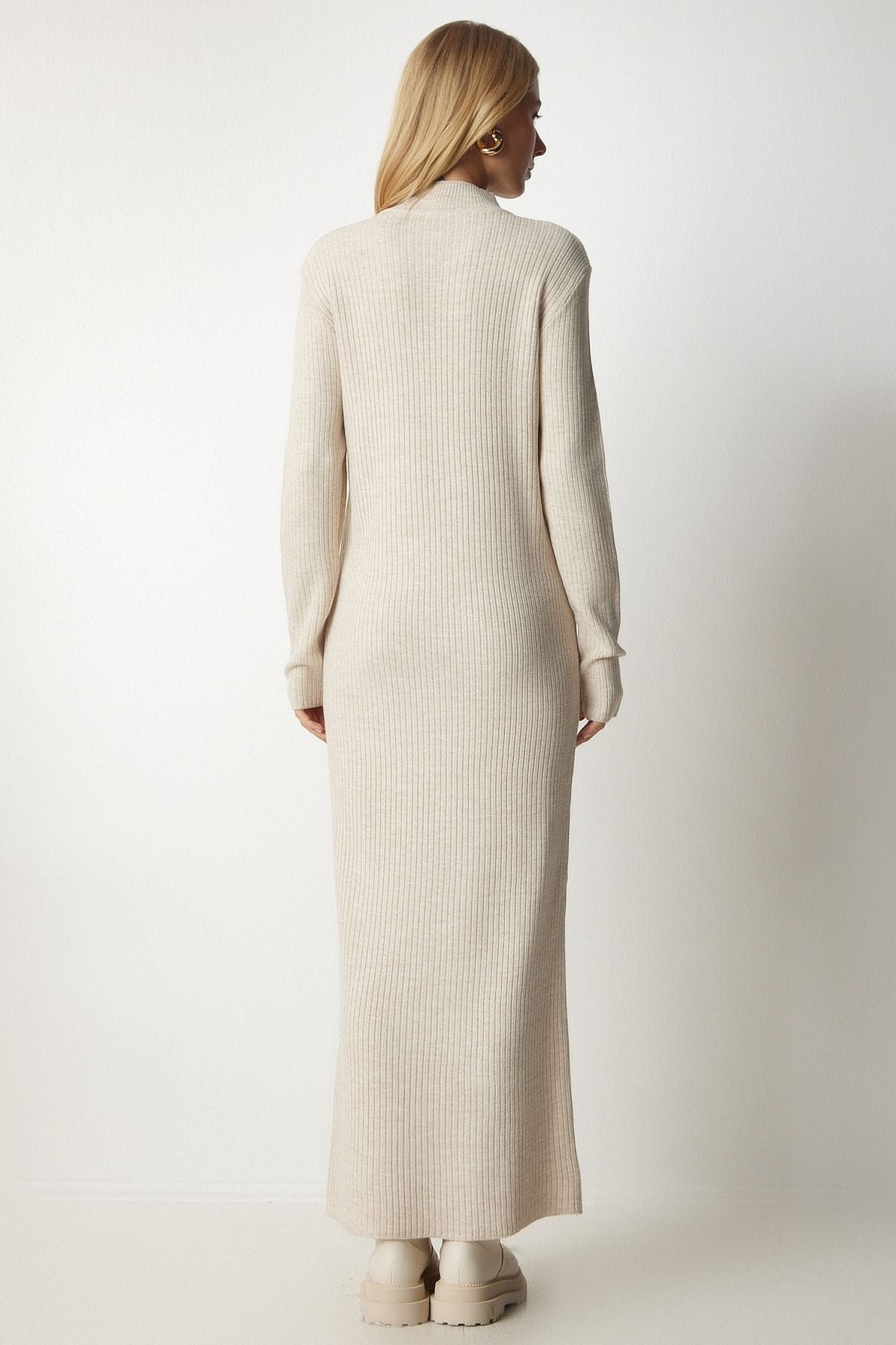 Female Beige Fisherman Collar Slit Long Knitwear Dress YY00163