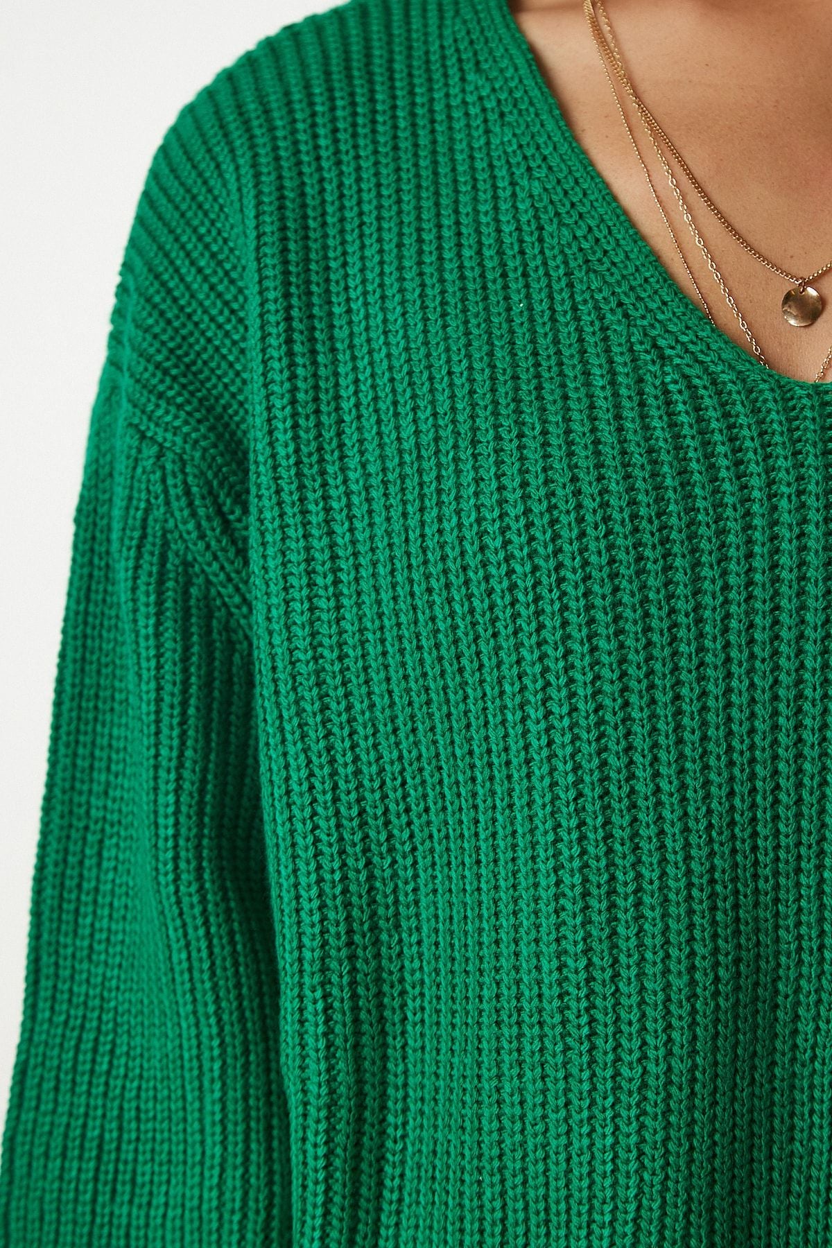Kadın Koyu Yeşil V Yaka Oversize Basic Triko Kazak MX00130