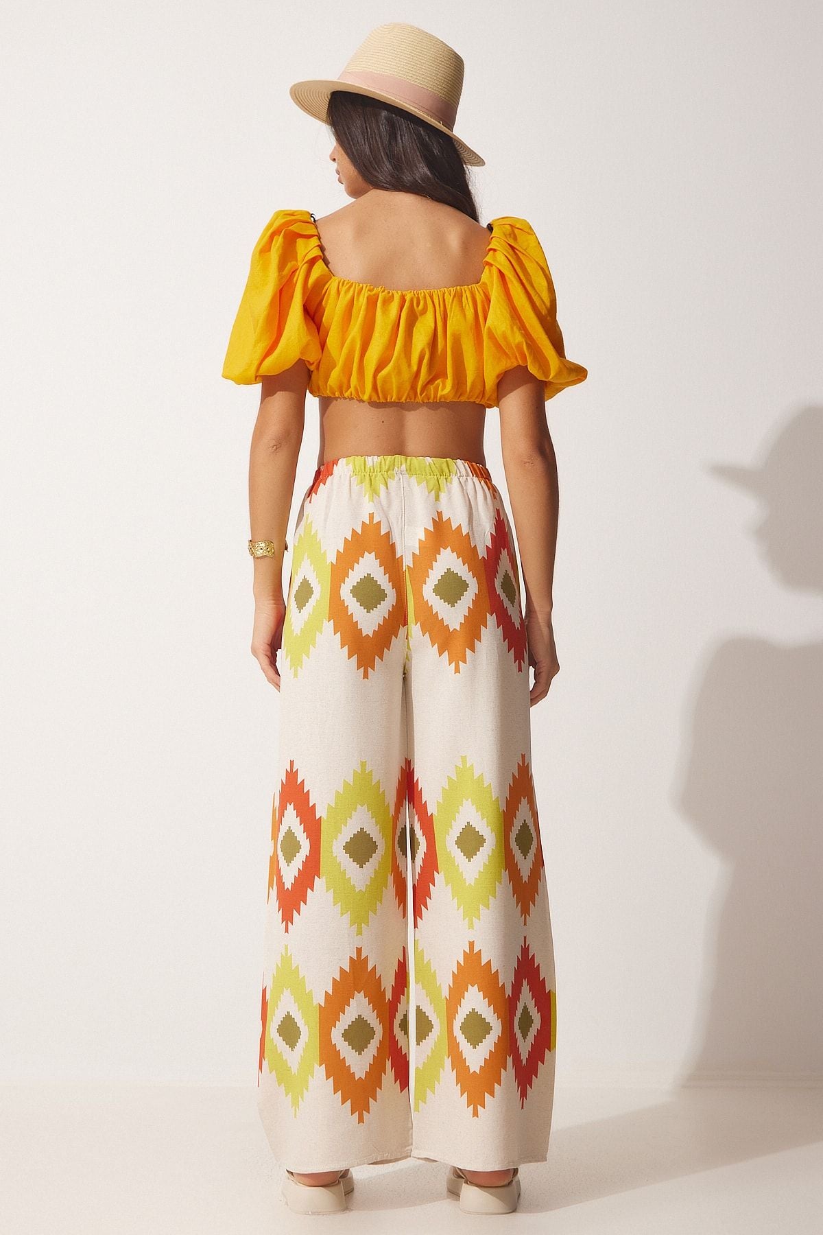 Woman Yellow Cream Flower Linen Palazzo Pants BH00385