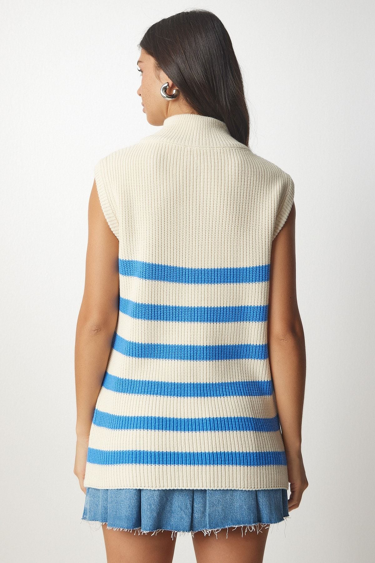 Women's Cream Blue Zippered collar striped sweater MX00123