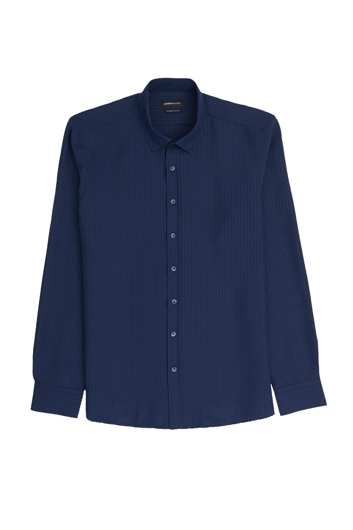 Men's navy blue ironing easy slim fit narrow cut button collar wafer patterned shirt