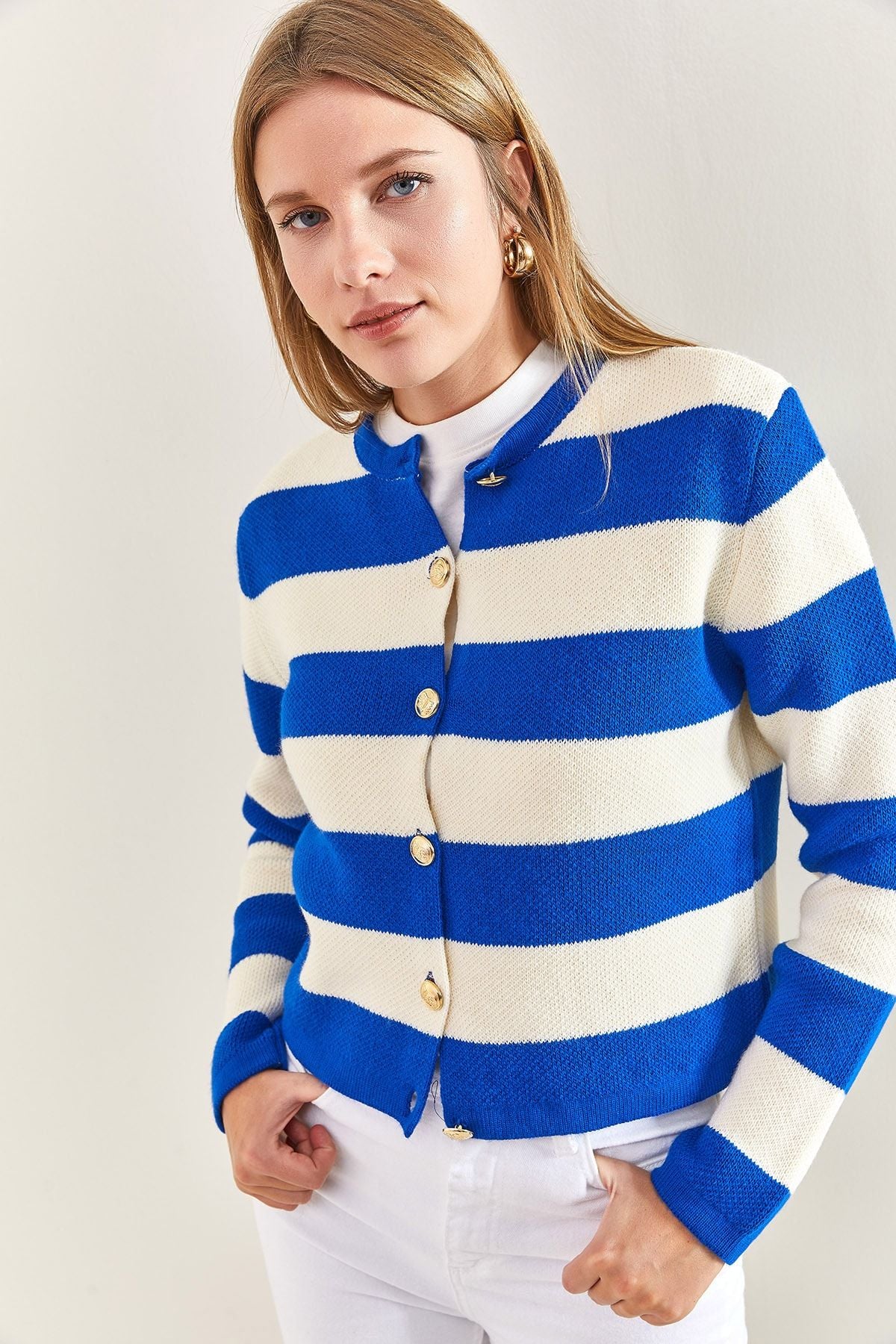 Women's metal button thick striped knitwear cardigan