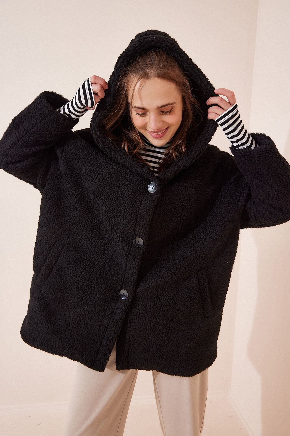 Female black hooded plush coat RV00087