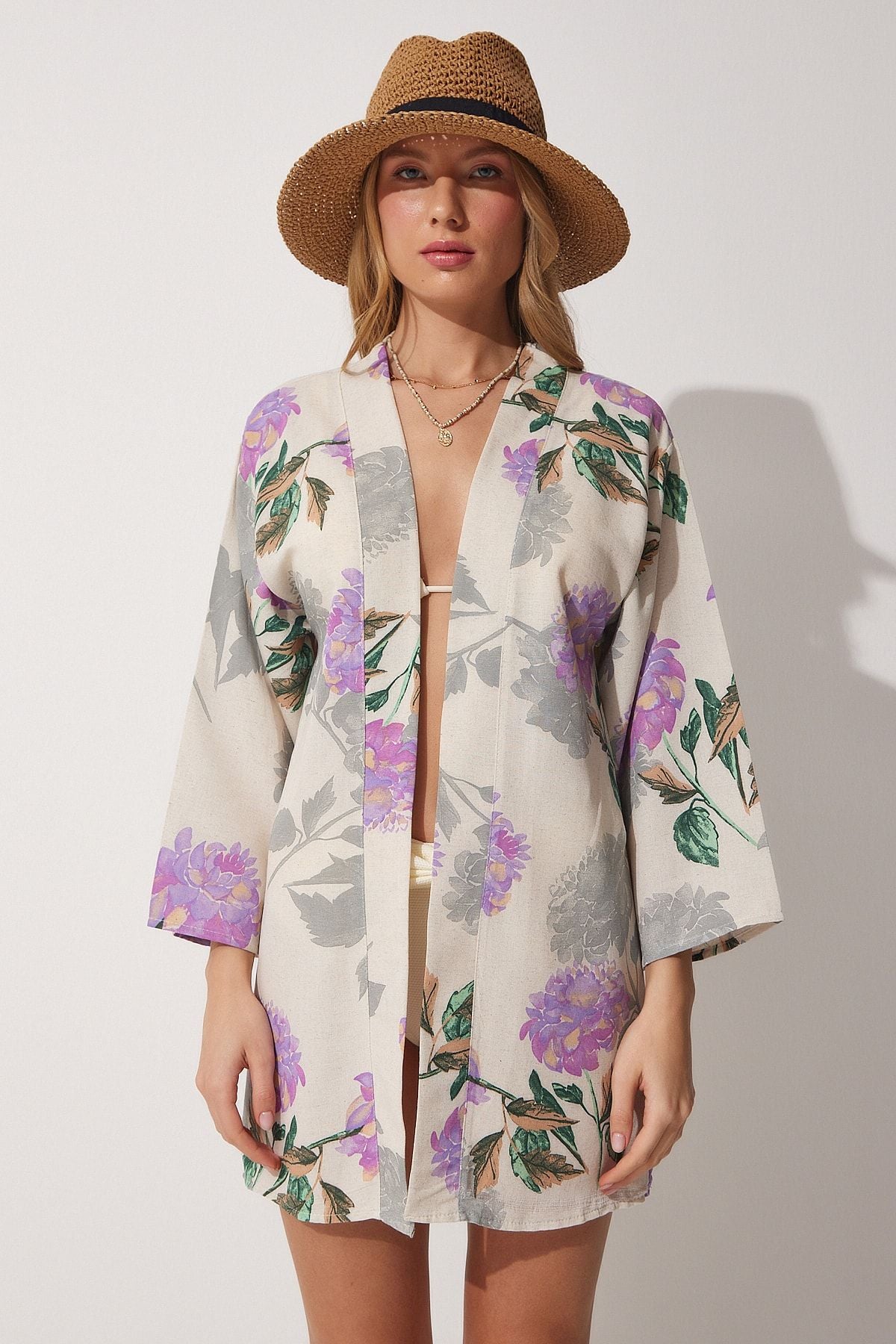 Female Beige Lila Patterned Kimono BH00381
