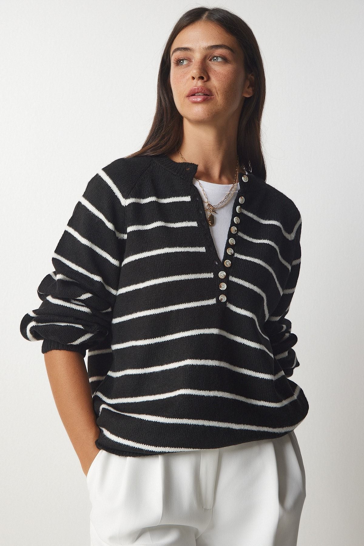 Female black button collar striped knitwear sweater LX00040