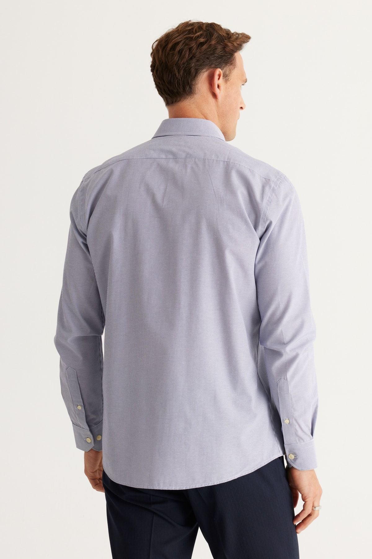 Men's Navy-White Slim Fit Narn Cutting Buttoned Neck Cotton Striped Shirt