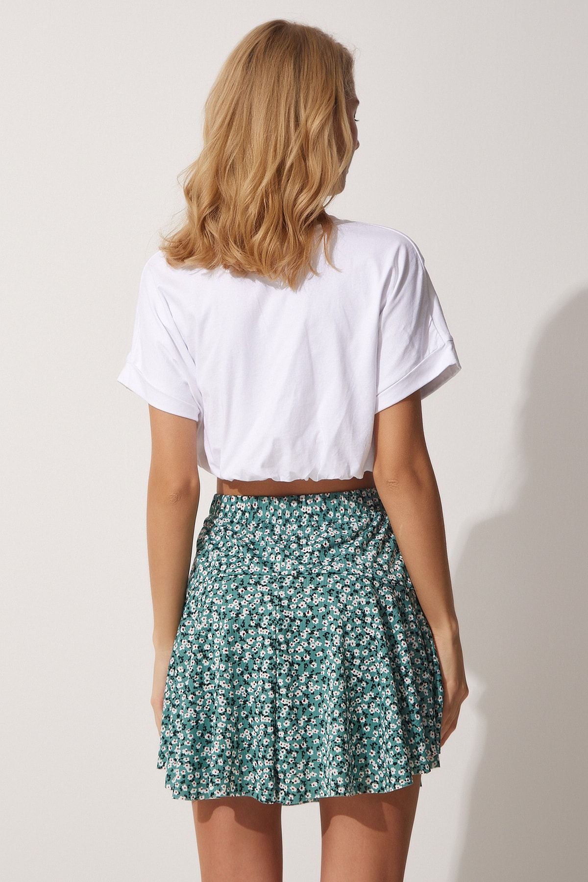 Women's Cagla Green Flower Patterned Mini Knitting Short Skirt CI00076