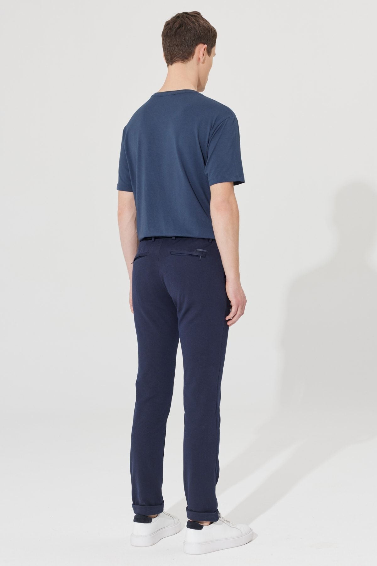 Men's navy blue slim fit narrow cut diagonal patterned flexible waist tied jogger pants