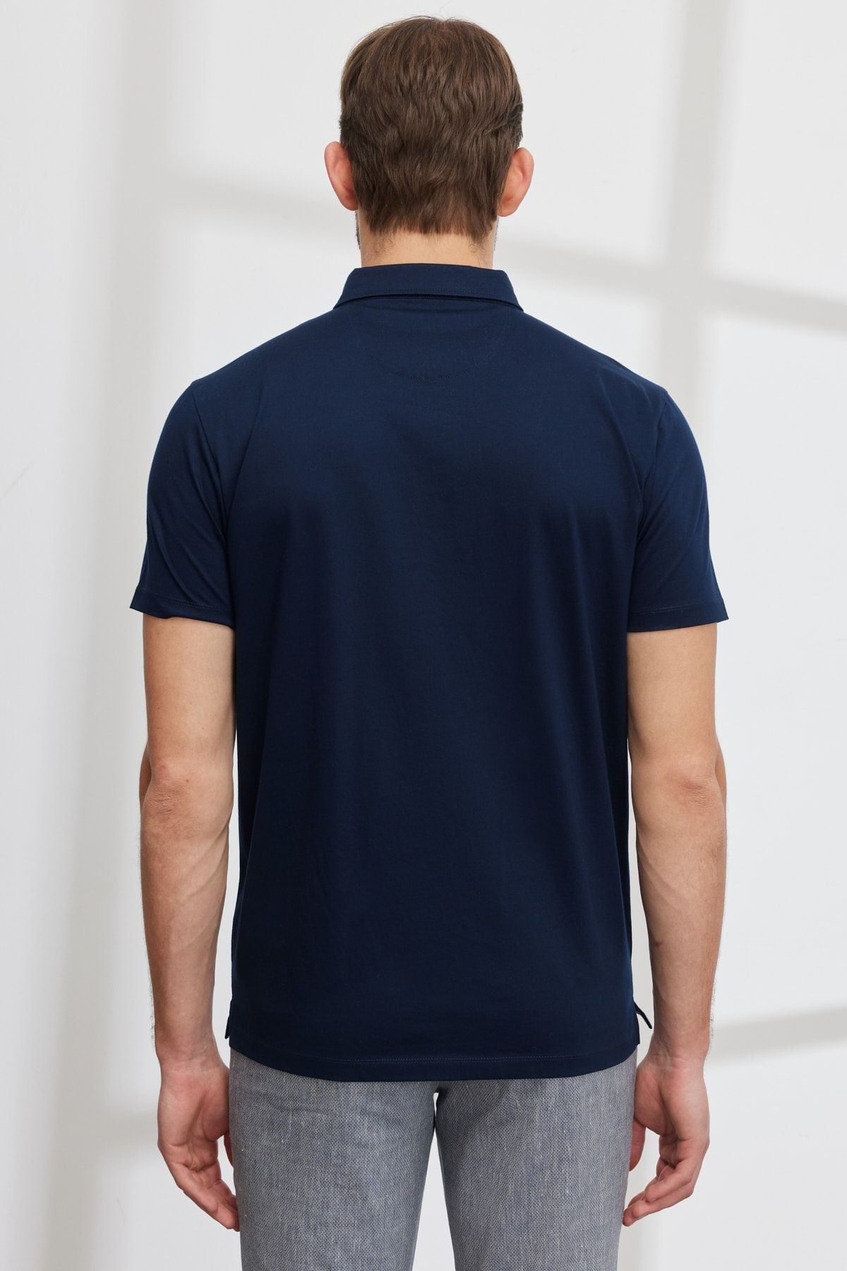 Men's navy blue slim fit narrow cut polo collar 100 %cotton T -shirt