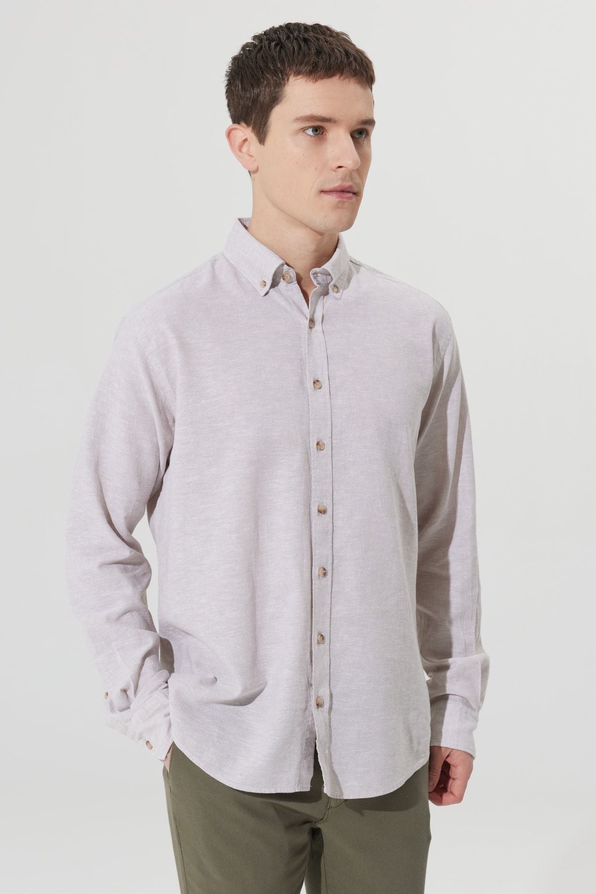 Men's Beige Linen Comfort Fit Casual Cutting Buttoned Neck Shirt