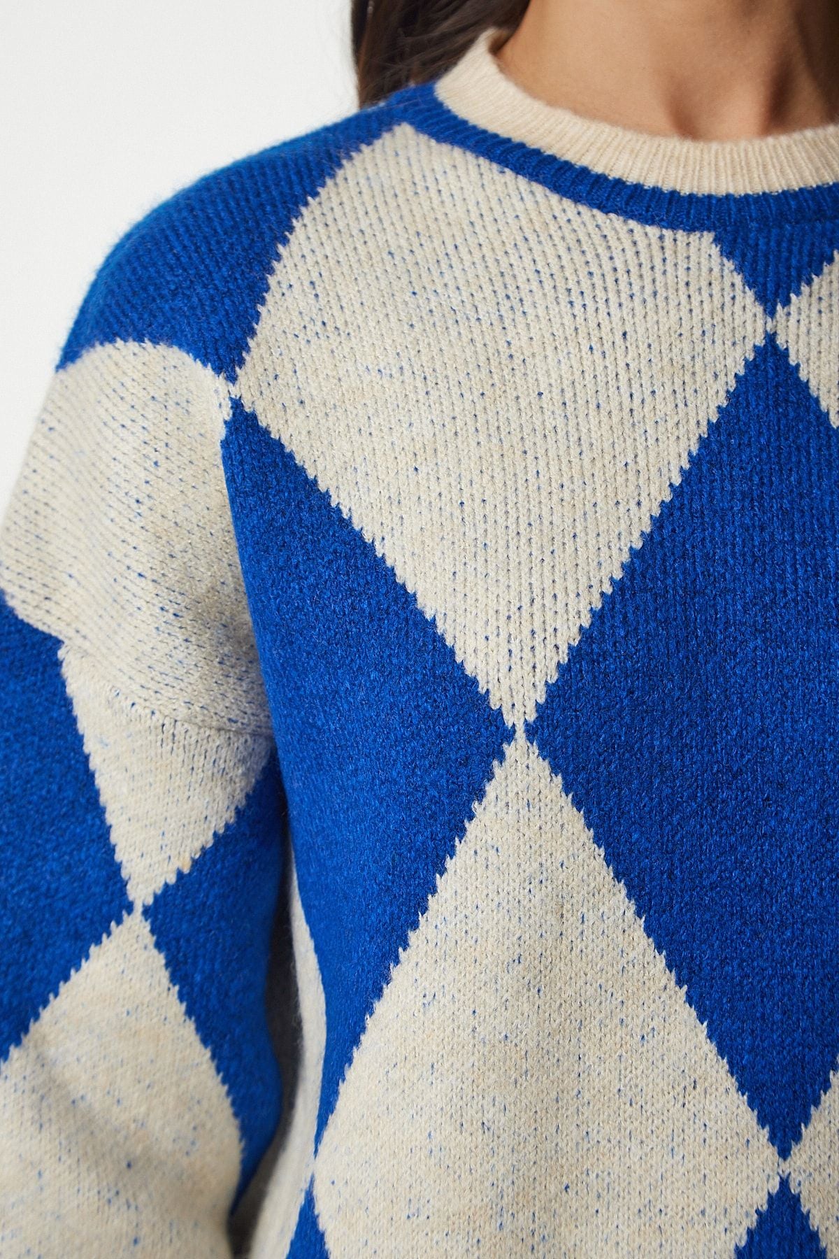 Woman Blue Baklava Patterned Oversize Knitwear Kazakh YY00161