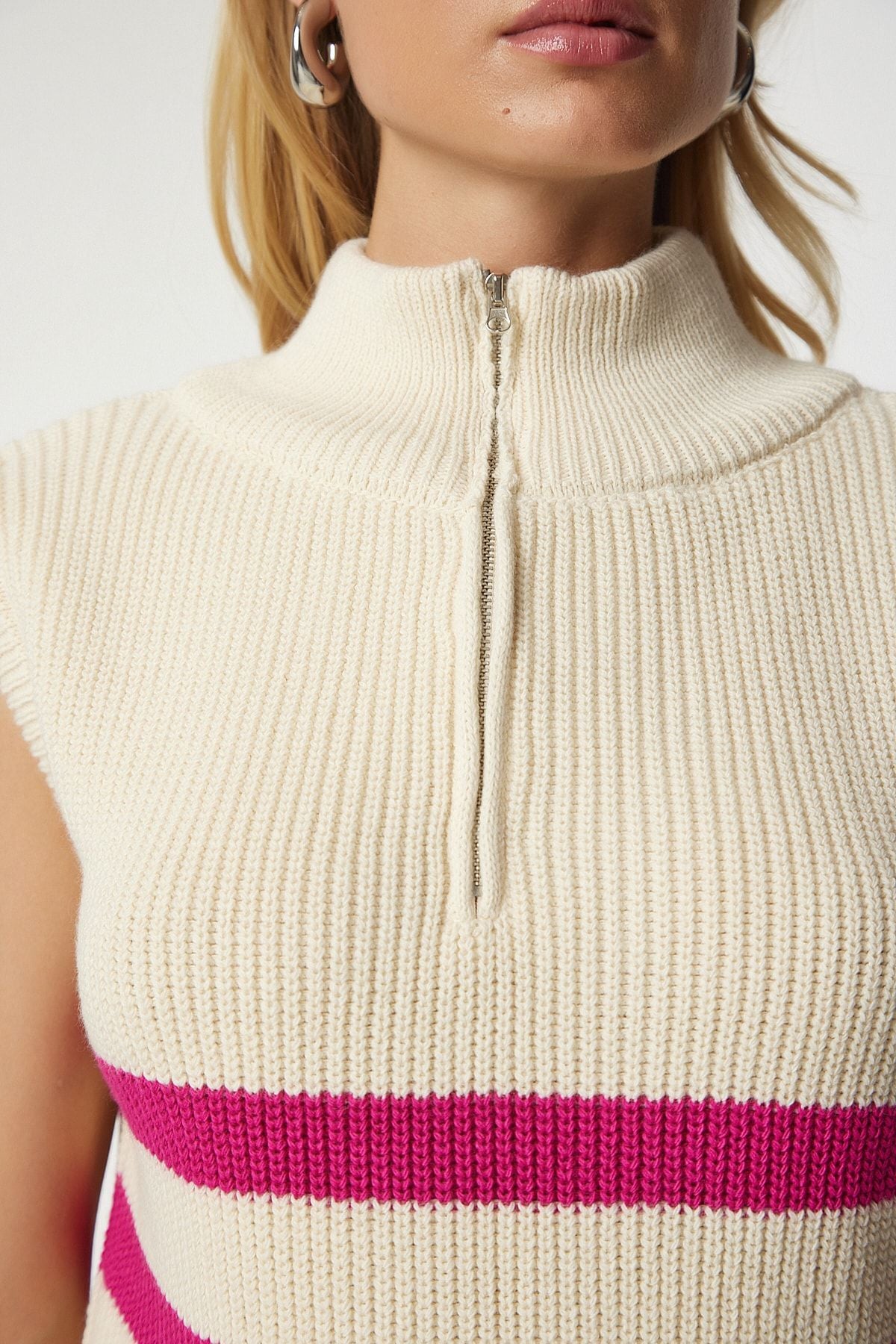 Women's cream pink zipper collar striped sweater MX00123