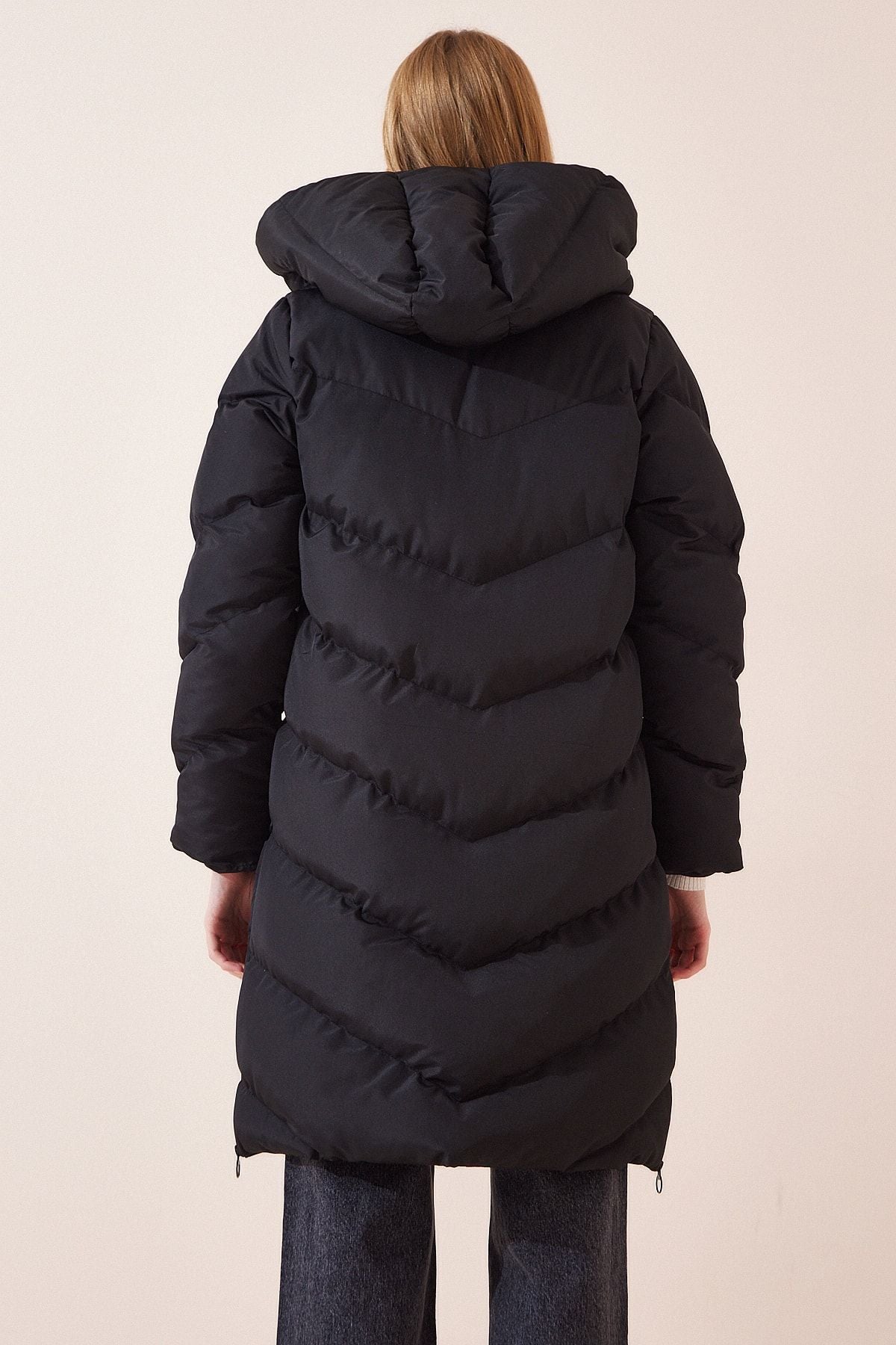 Women's black hooded long swelling coat RV00086