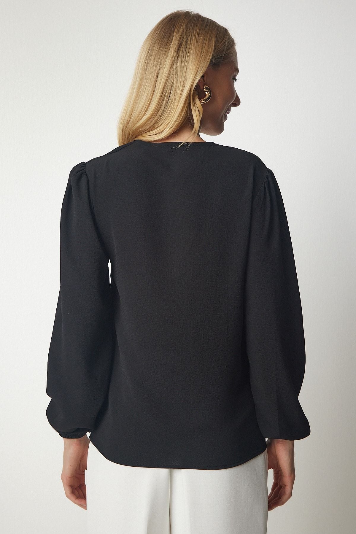 Female Black V -Neck Crepe Blouse UB00153