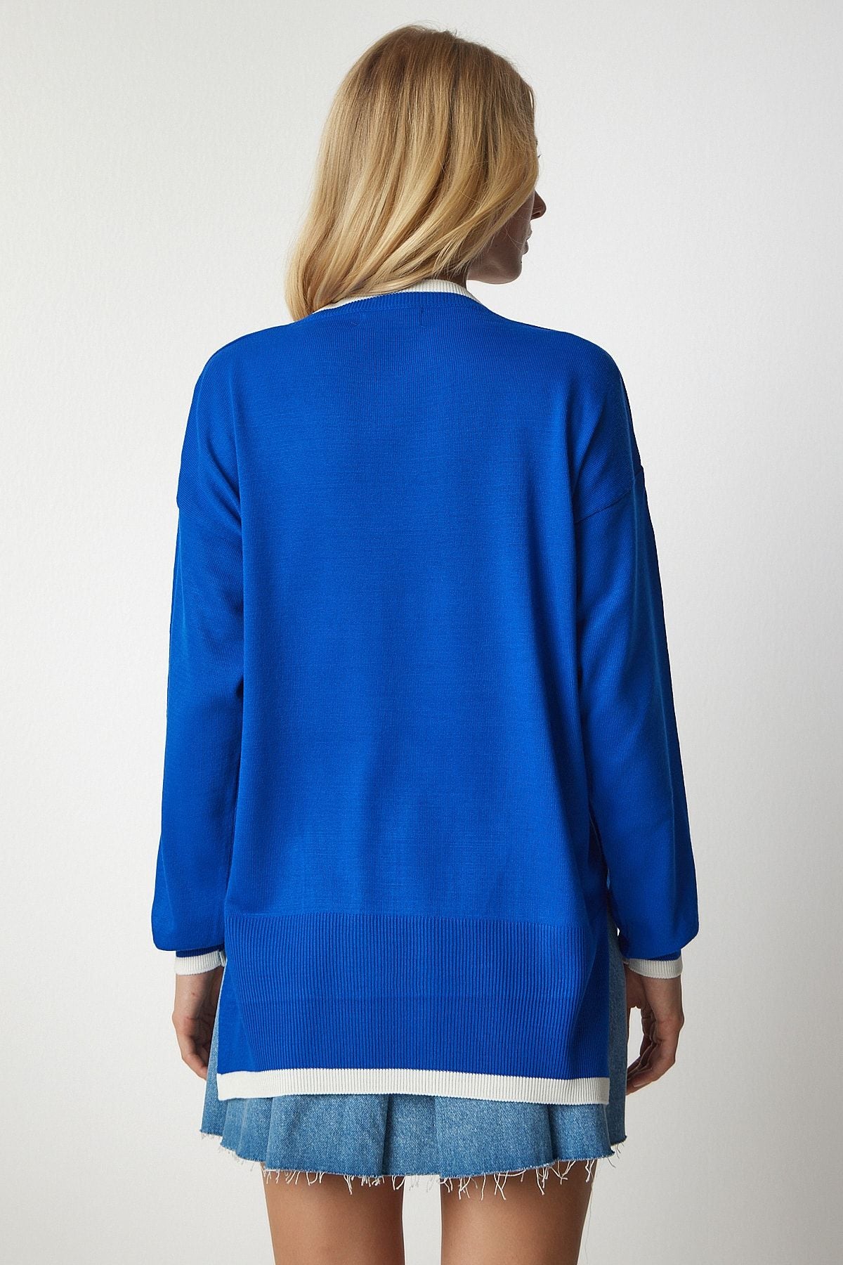 Woman Blue V Yaka Oversize Knitwear Sweater BV00081