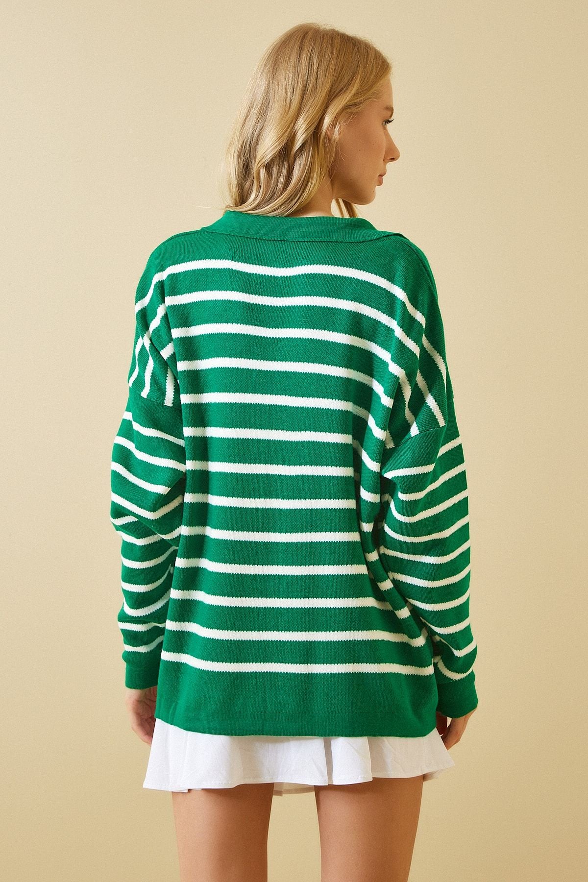 WOMEN'S GREEN WHITE Polo Yaka Crop Knitwear sweater US00293