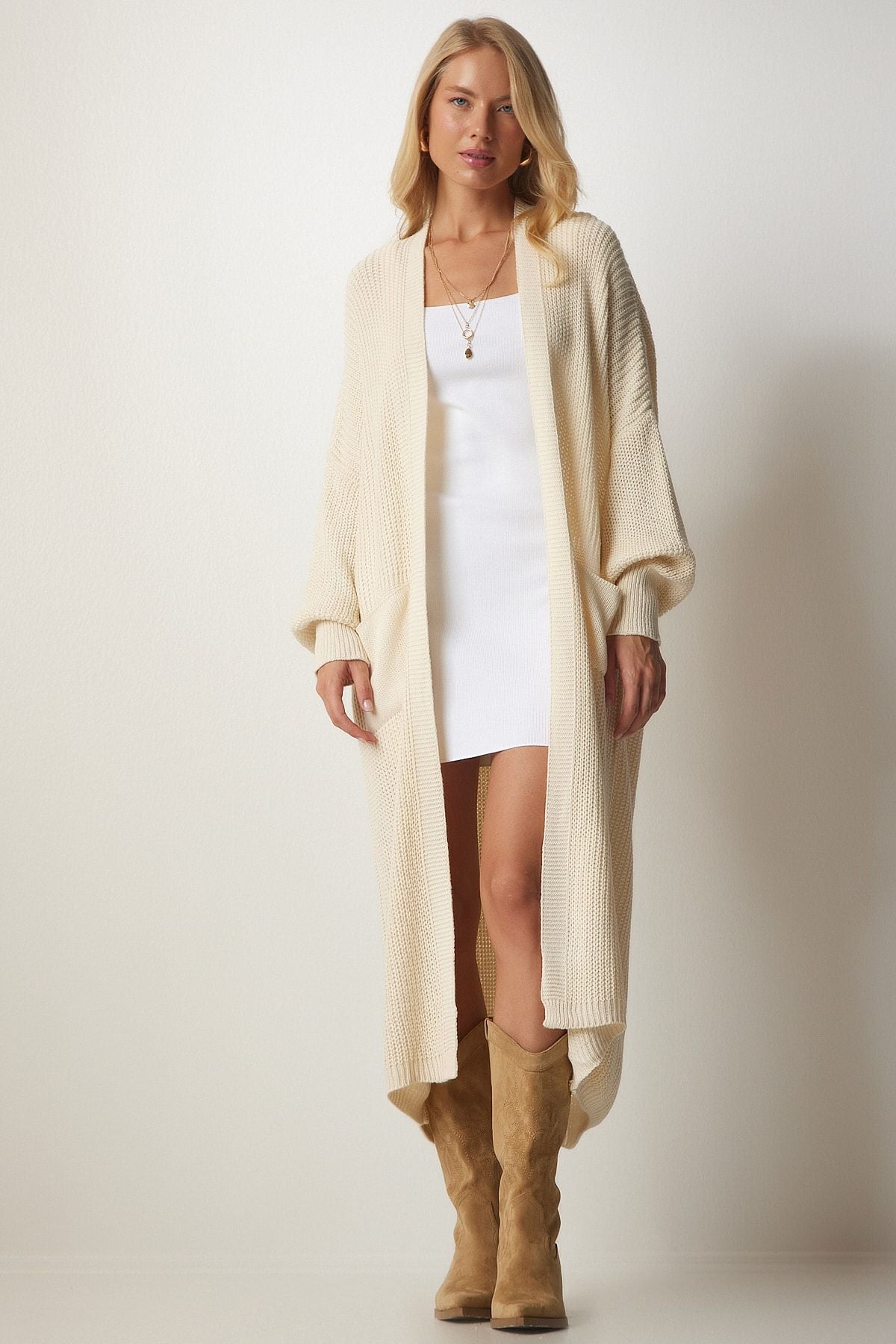 Women's Cream Pocket Long Triko Jacket Cardigan MX00106