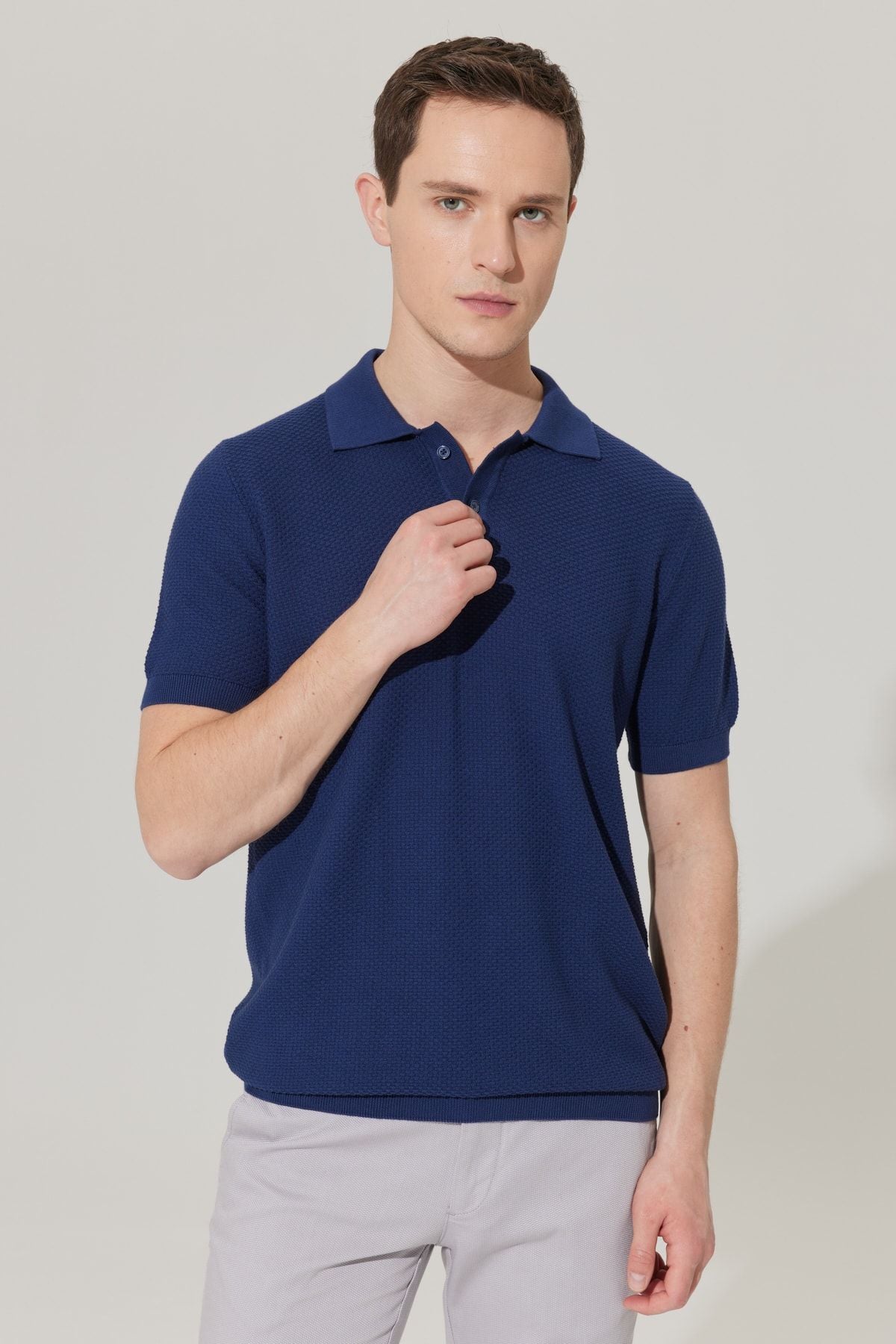 Men's Navy Blue Standard Fit Normal Cut Polo Yaka 100 %Cotton Short Sleeve Knitwear T -shirt