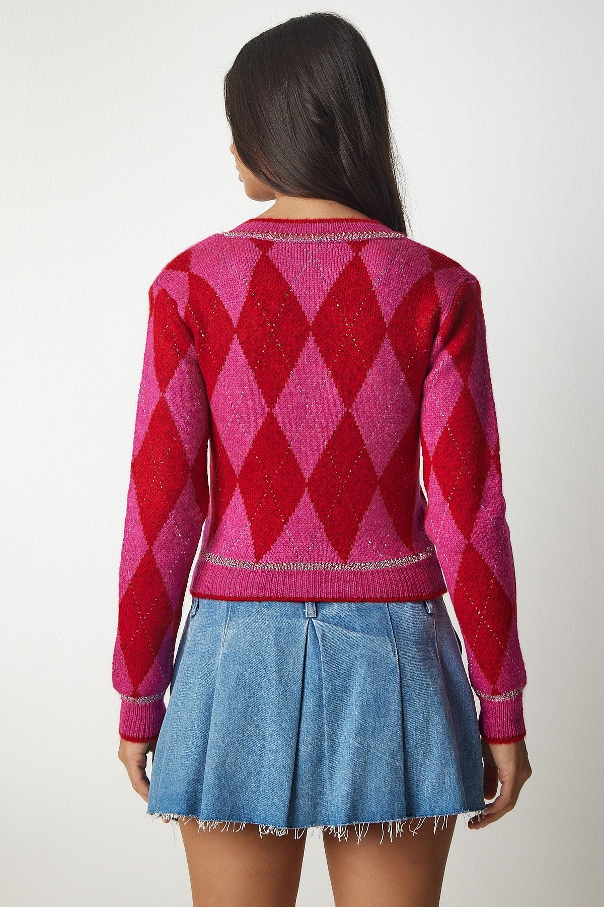 Women's Fuchsia Red Baklava Patterned Pocket Knitwear Kazakh BV00105