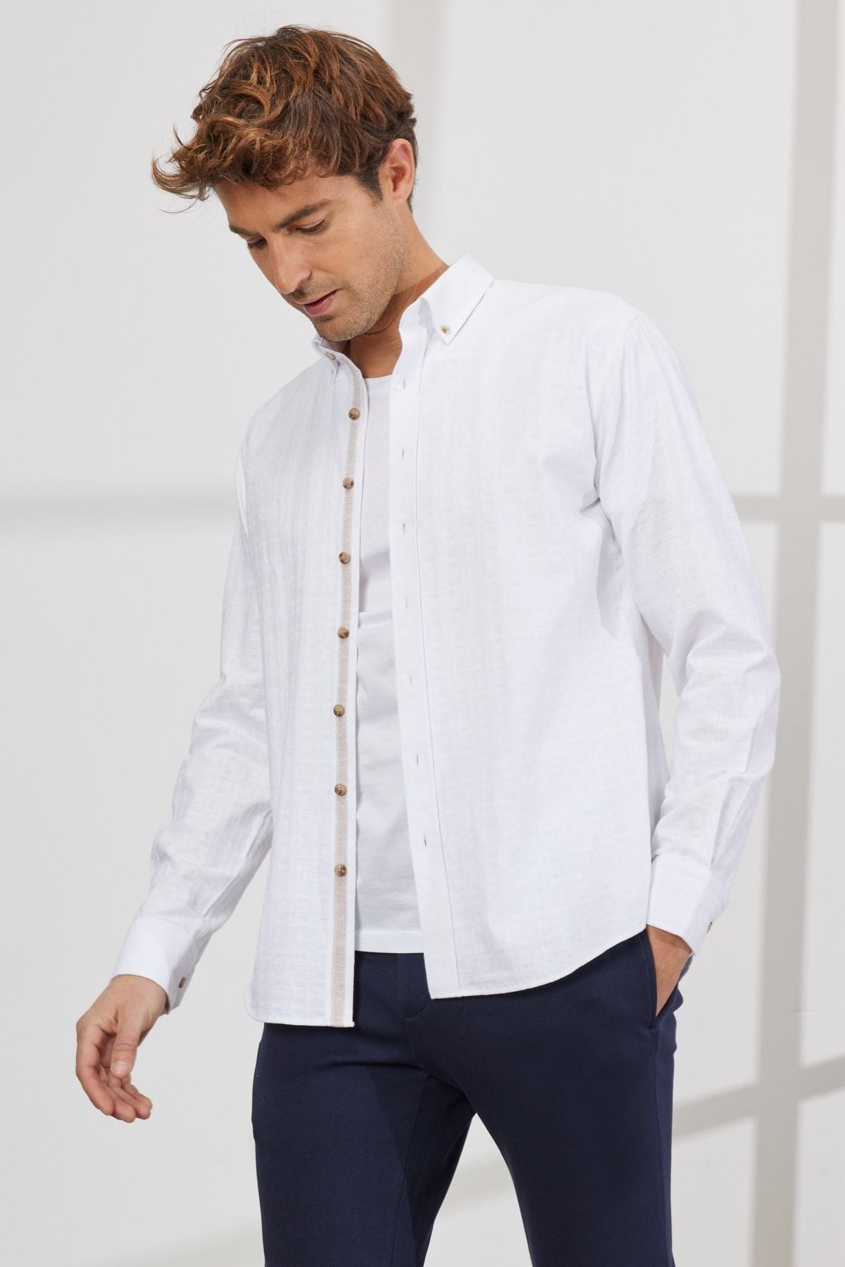 Men's White Comfort Fit Casual Cutting Buttoned Neck Clause 100 %Cotton FLAME SHIRT