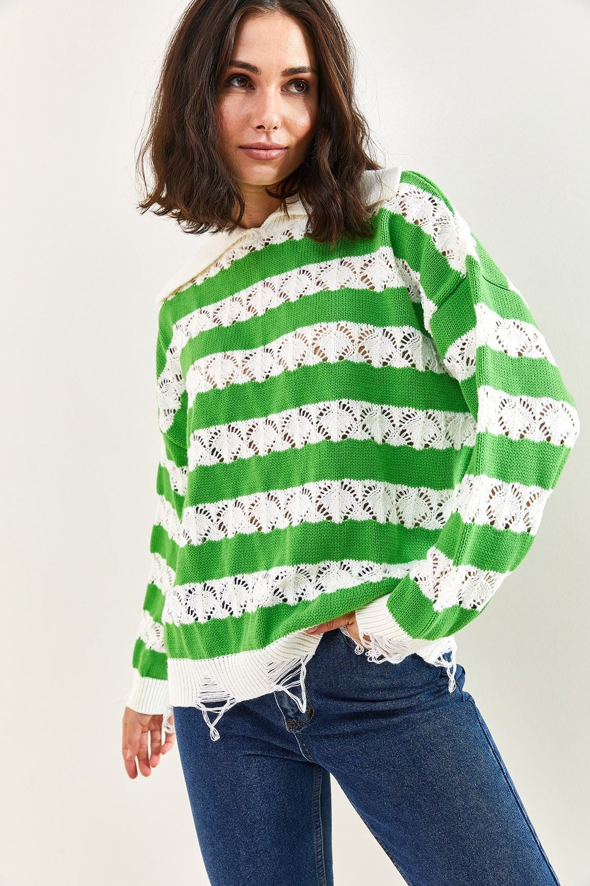 WOMEN'S Polo Yaka Torn Patterned Knitwear Sweater