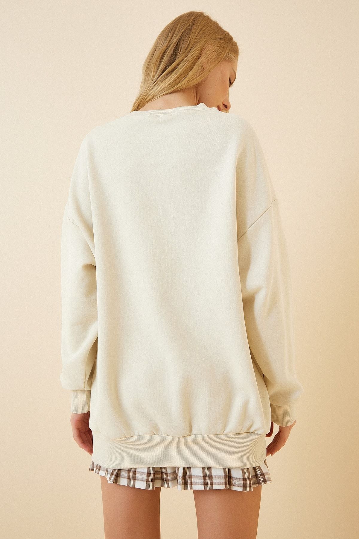 Women's Cream Printed Fine -Shadon Knitting Sweatshirt HF00390