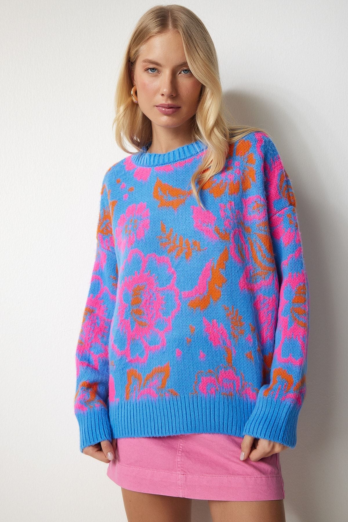 Woman Sky Blue Patterned Knitwear Sweater PF00002