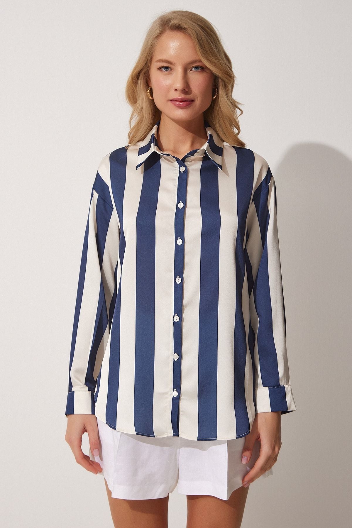 Woman Navy blue cream striped satin shirt DD01206