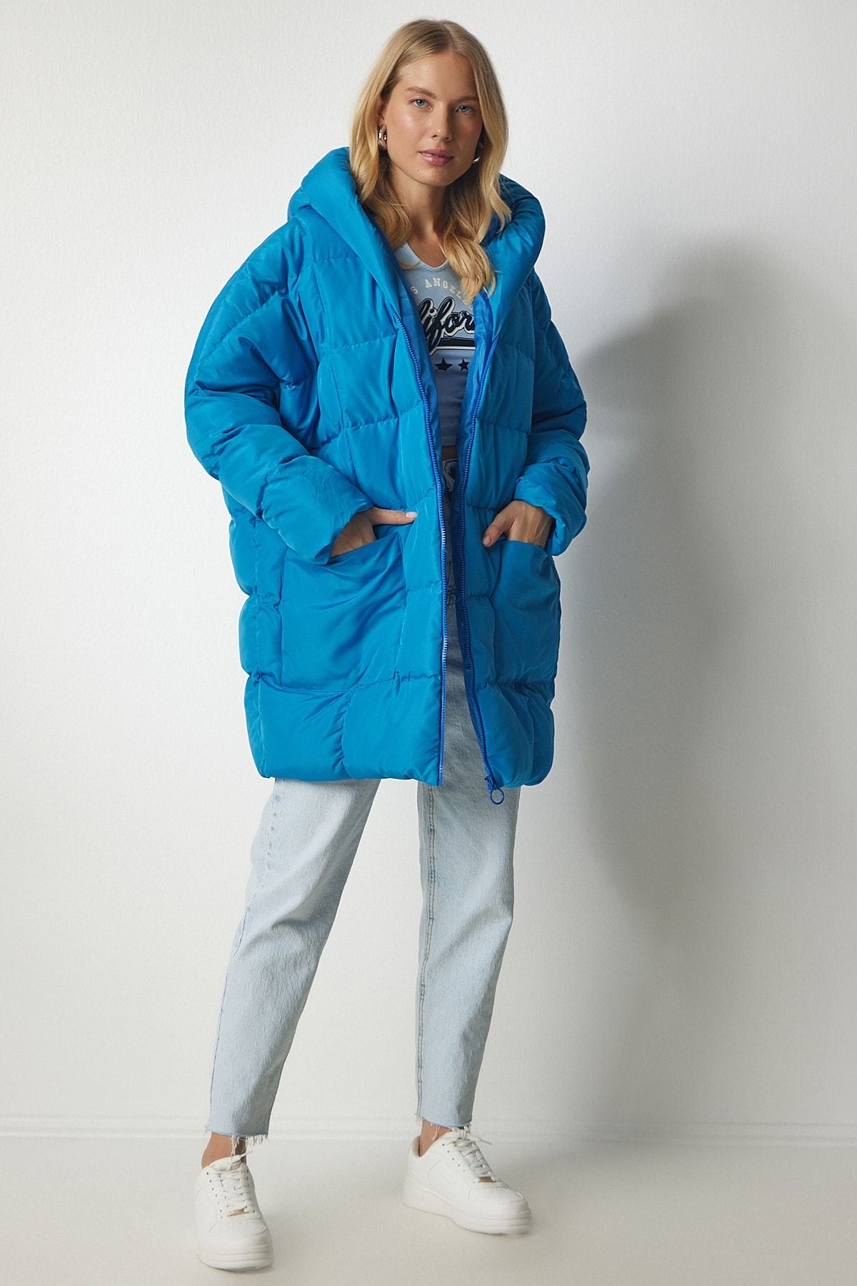 Woman Sky Blue Hooded Oversiz swelling coat NT00429