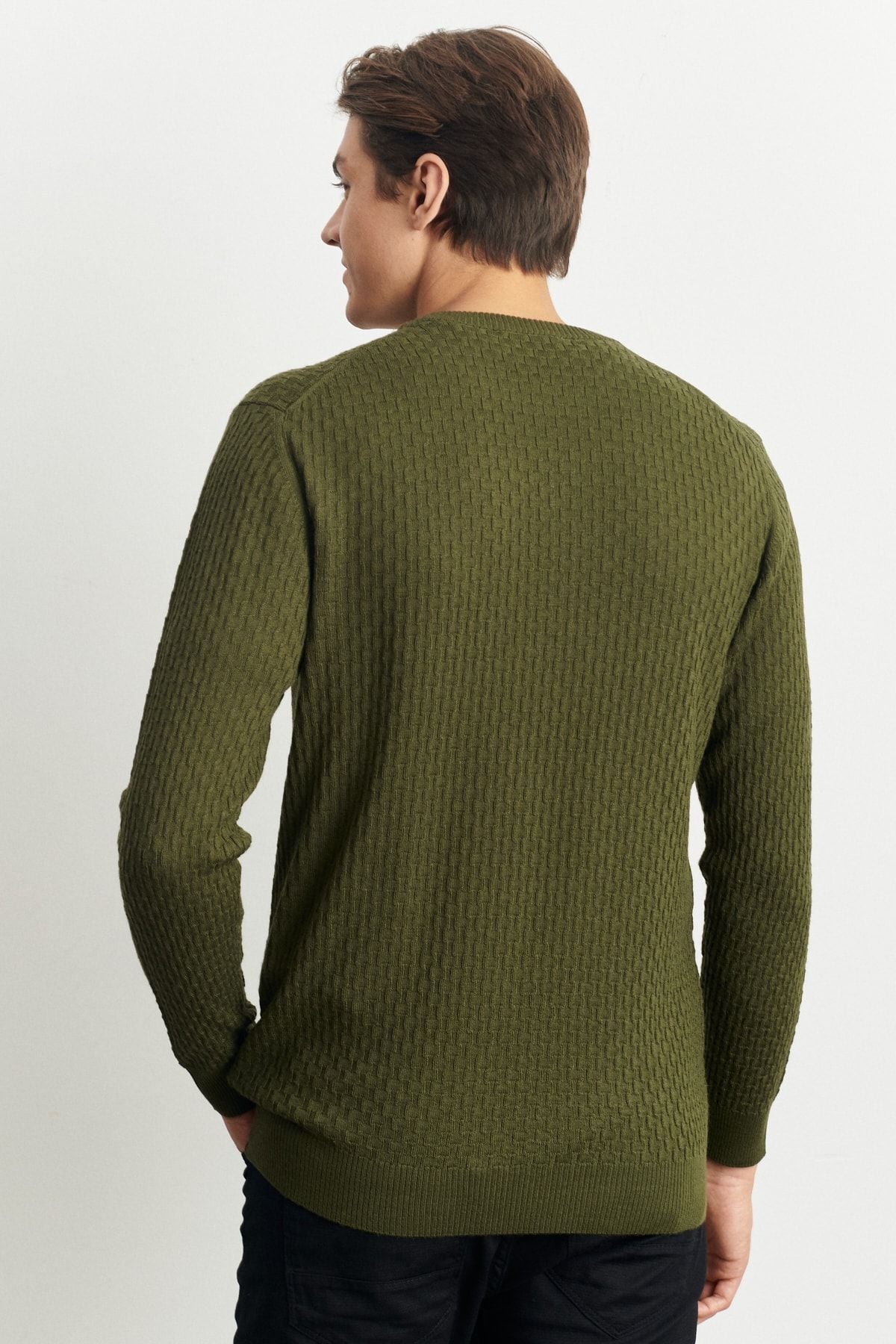 Men's Khaki Standard Fit Normal Cut Bicycle Yaka Jacquard woolen knitwear sweater