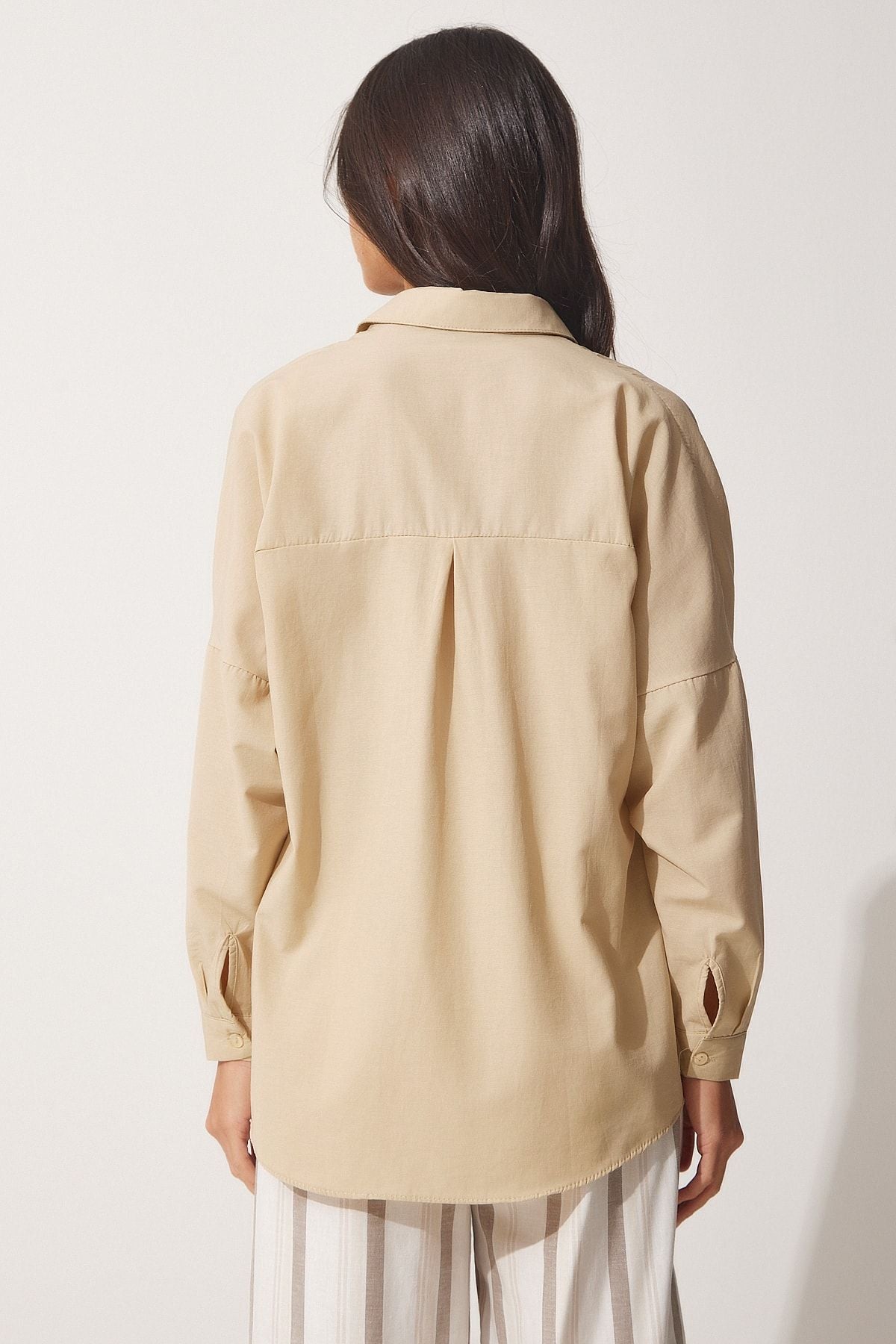 Woman Dark Cream Oversize Long Basic Shirt DD00842