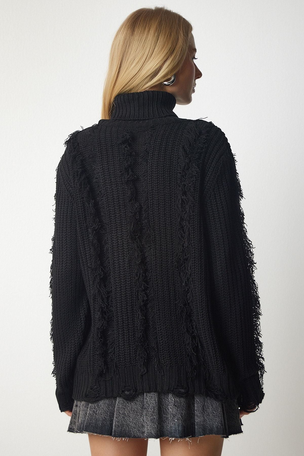 Woman Black Tassel and Torn Detailed Knitwear Kazakh Ki00099