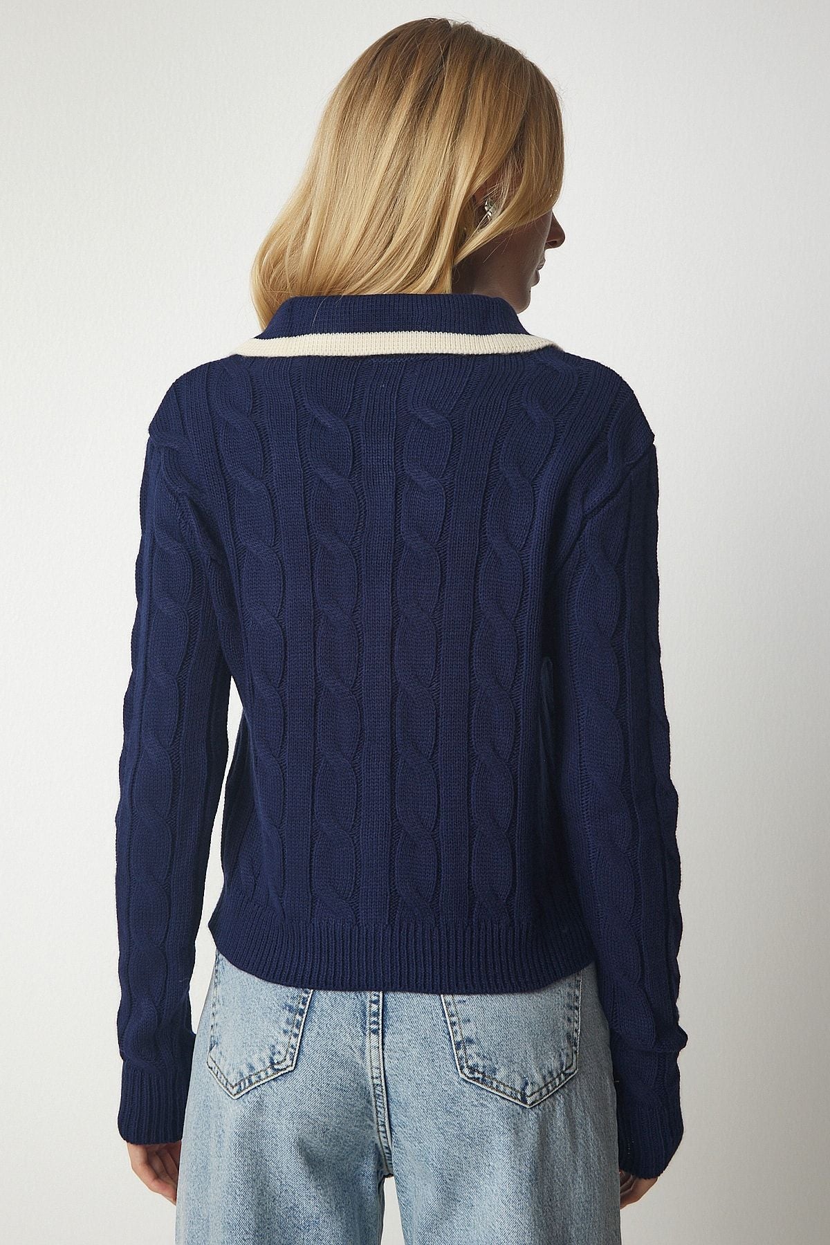 Women's Navy Blue Knitting Motif button knitwear cardigan MX00143