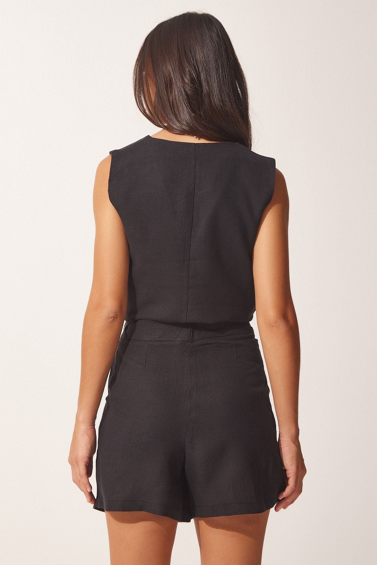 Woman Black Linen Surface Vest Shorts Set WF00043