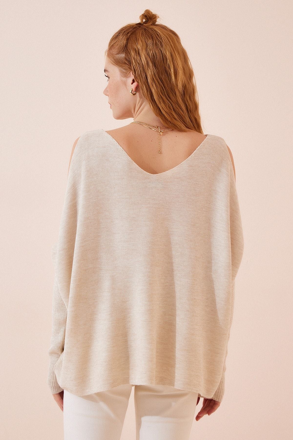 Woman Beige Shoulder Shoulder Window Oversize knitwear sweater as00016