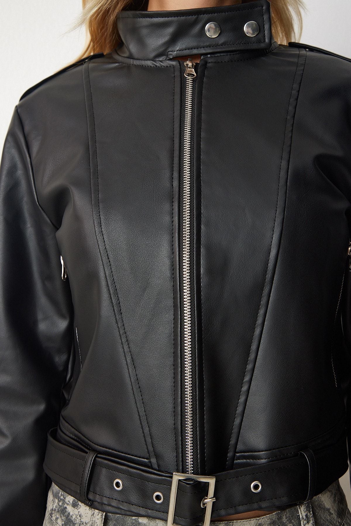 Female Black Belt Detail Pocket Artificial Leather Jacket RV00144