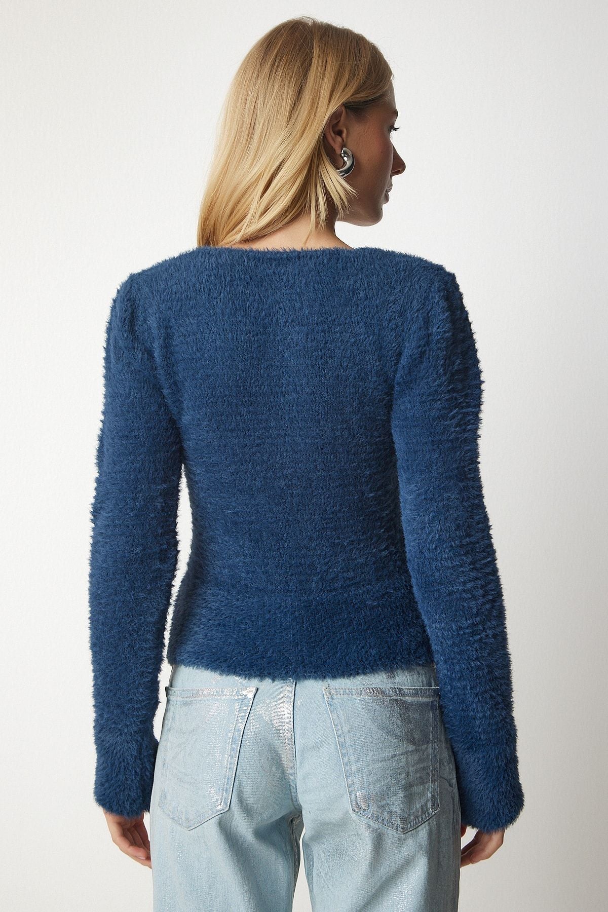 Woman Navy Blue V -Neck Beard Knitwear Sweater NF00072