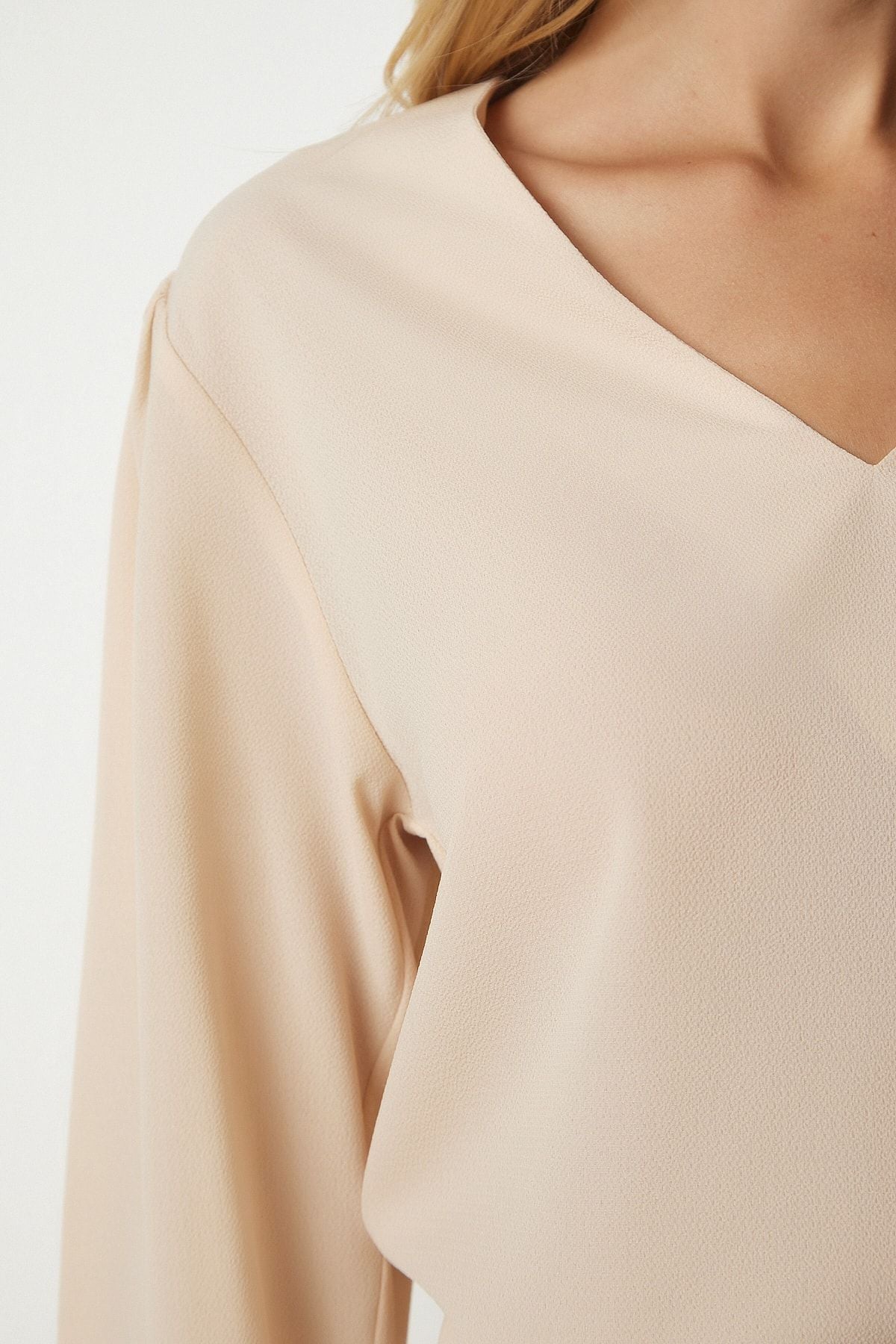 Female Beige V -Neck Crepe Blouse UB00153