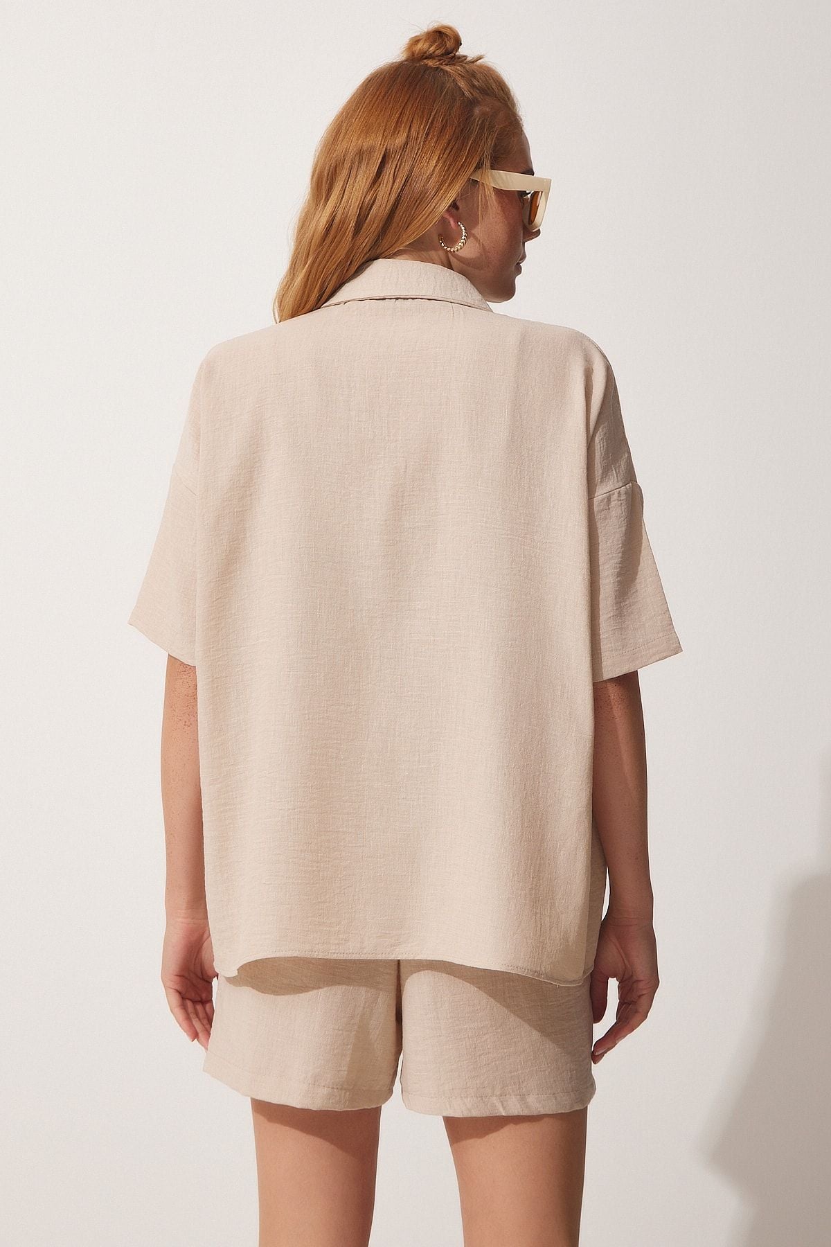 Female Beige Summer Linen Shirt Short Set CI00082