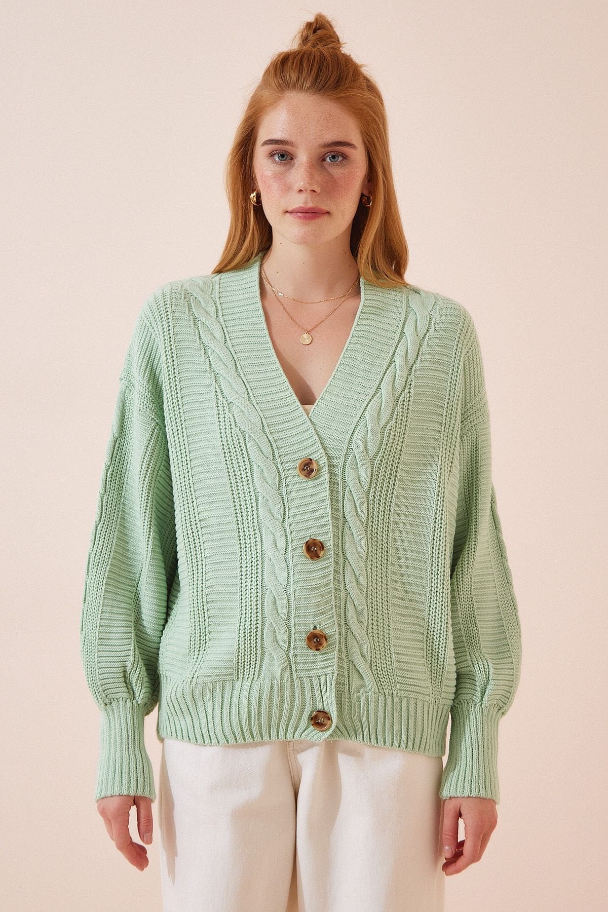 WOMEN'S WATER GREEN BRANNED BALLOAD BALL SLEEP SALAŞ knitwear cardigan za00039