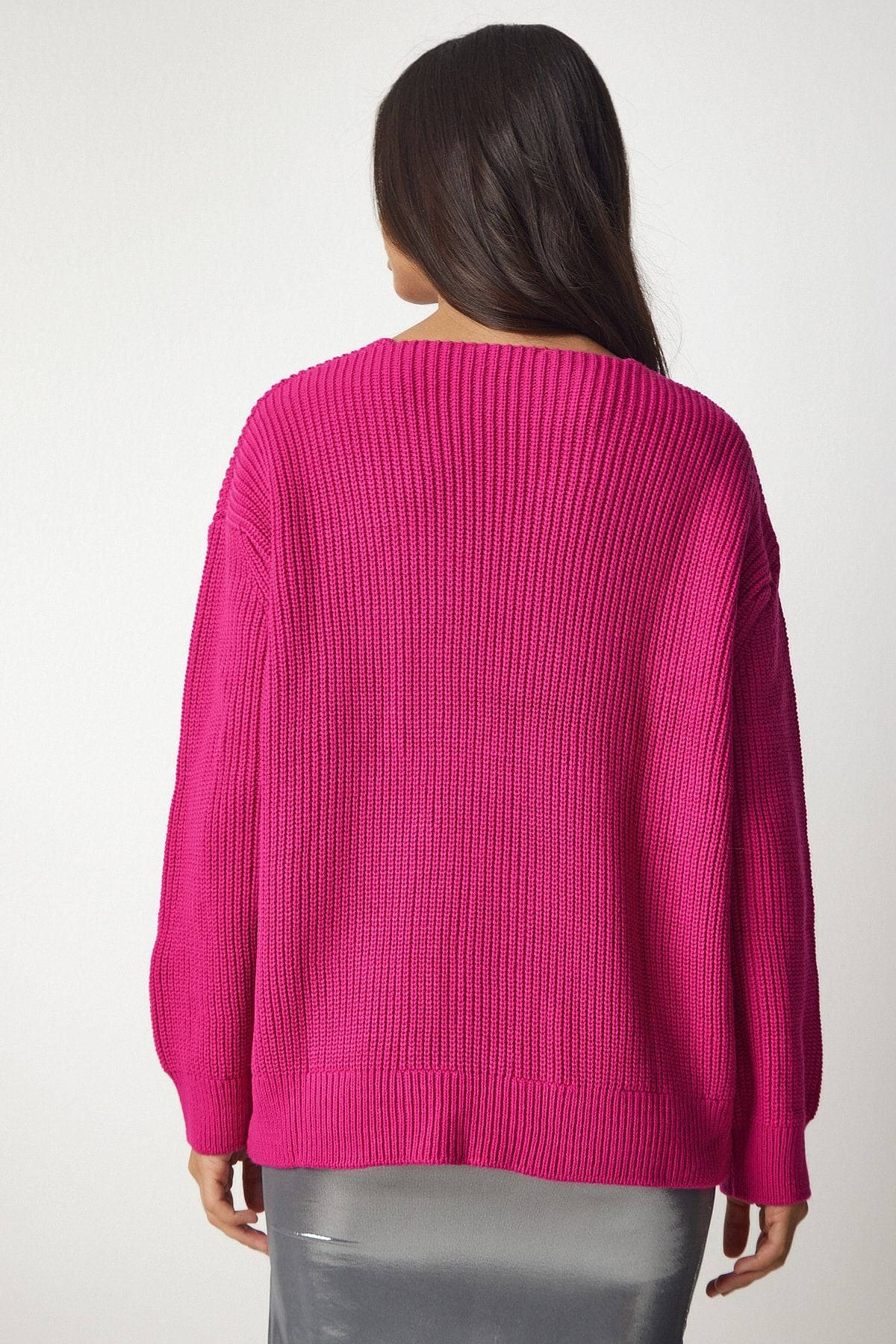 Woman Pink V Yaka Oversize Basic Knitwear Kazakh MX00130