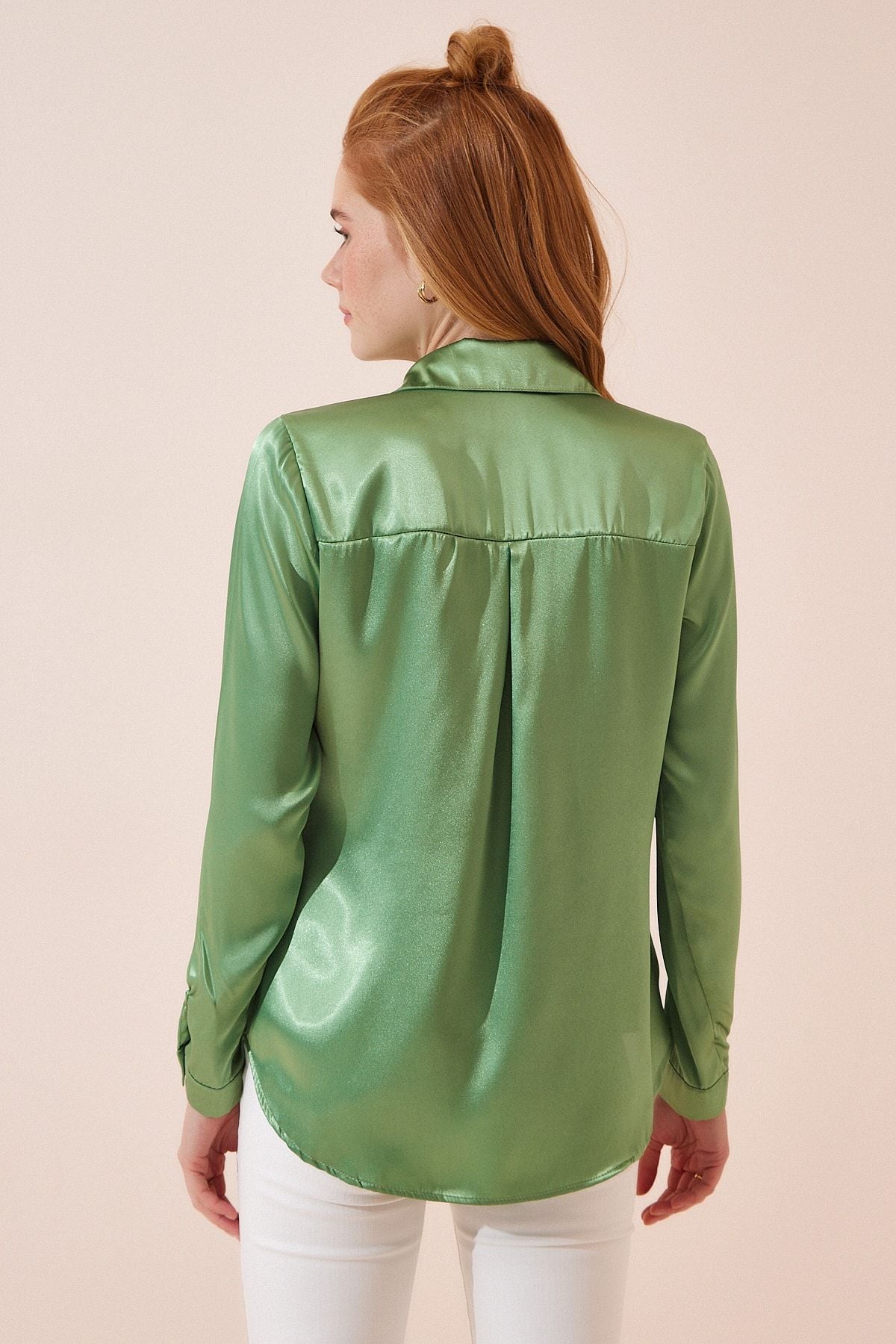Female peanut green lightly draped satin surface shirt DD00990