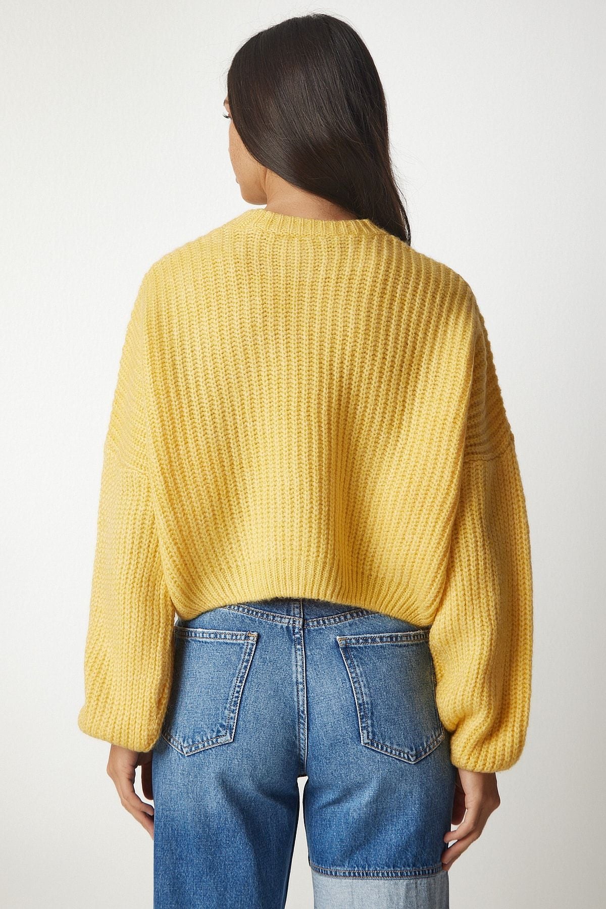 Woman Yellow Balloon Sleeze Basic Knitwear Sweater BV00098