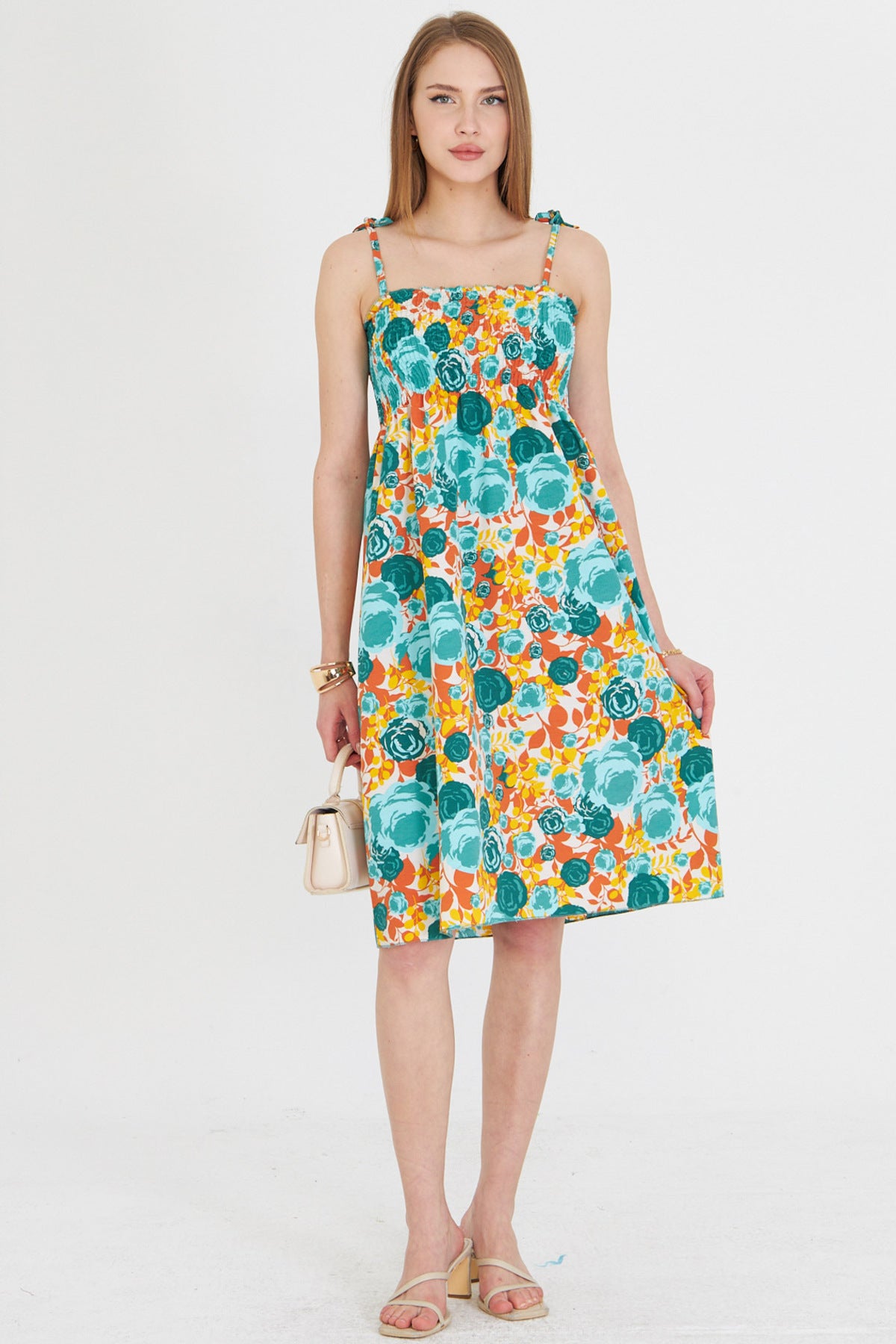 Women's Turquoise Straps Lace Up Chest Gimped Elastic Mini Dress ARM-25Y001047