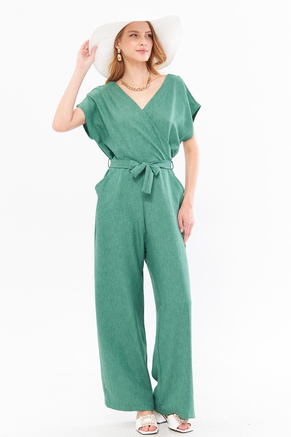 Women's Green Double Breasted Collar Back V Detailed Pocket Belted Wide Leg Jumpsuit ARM-24Y001073