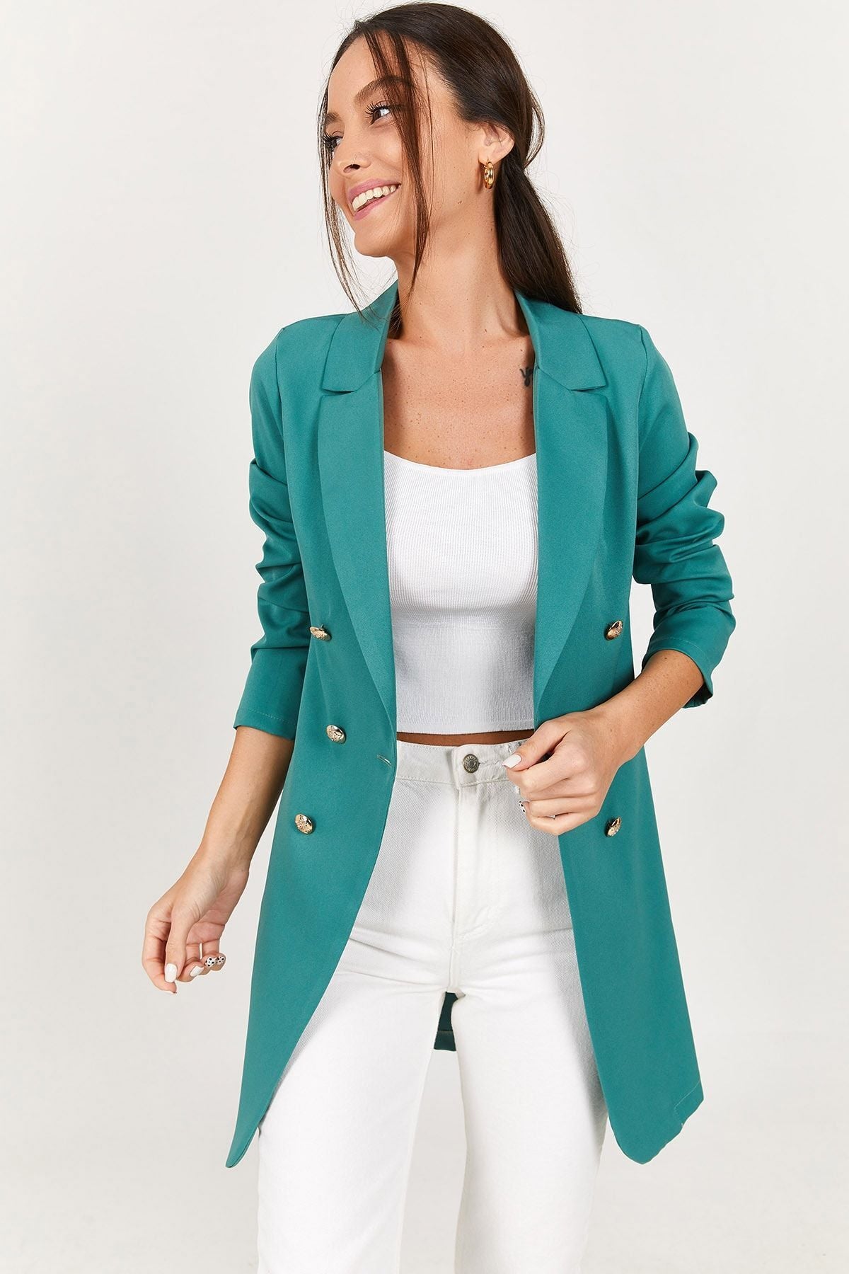 Women's Turquoise Buttoned Long Jacket ARM-22Y001072