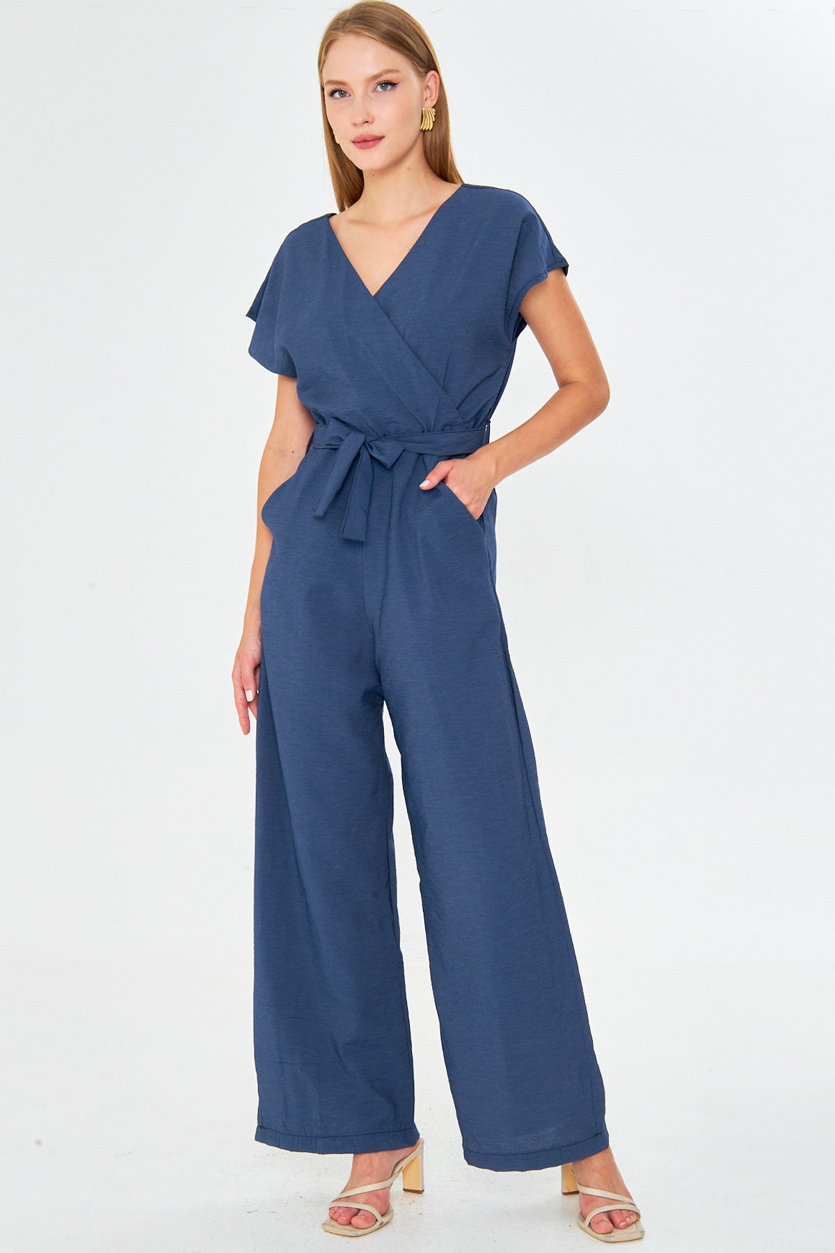 Women's Dark Blue Double Breasted Collar Back V Detailed Pocket Belted Wide Leg Jumpsuit ARM-24Y001073
