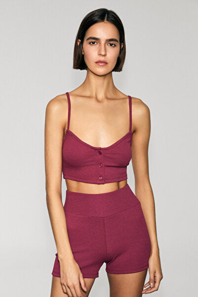 ZERRA Women's Soft and Flexible Fabric Print Detailed Strap Buttoned Claret Red Sports Bra